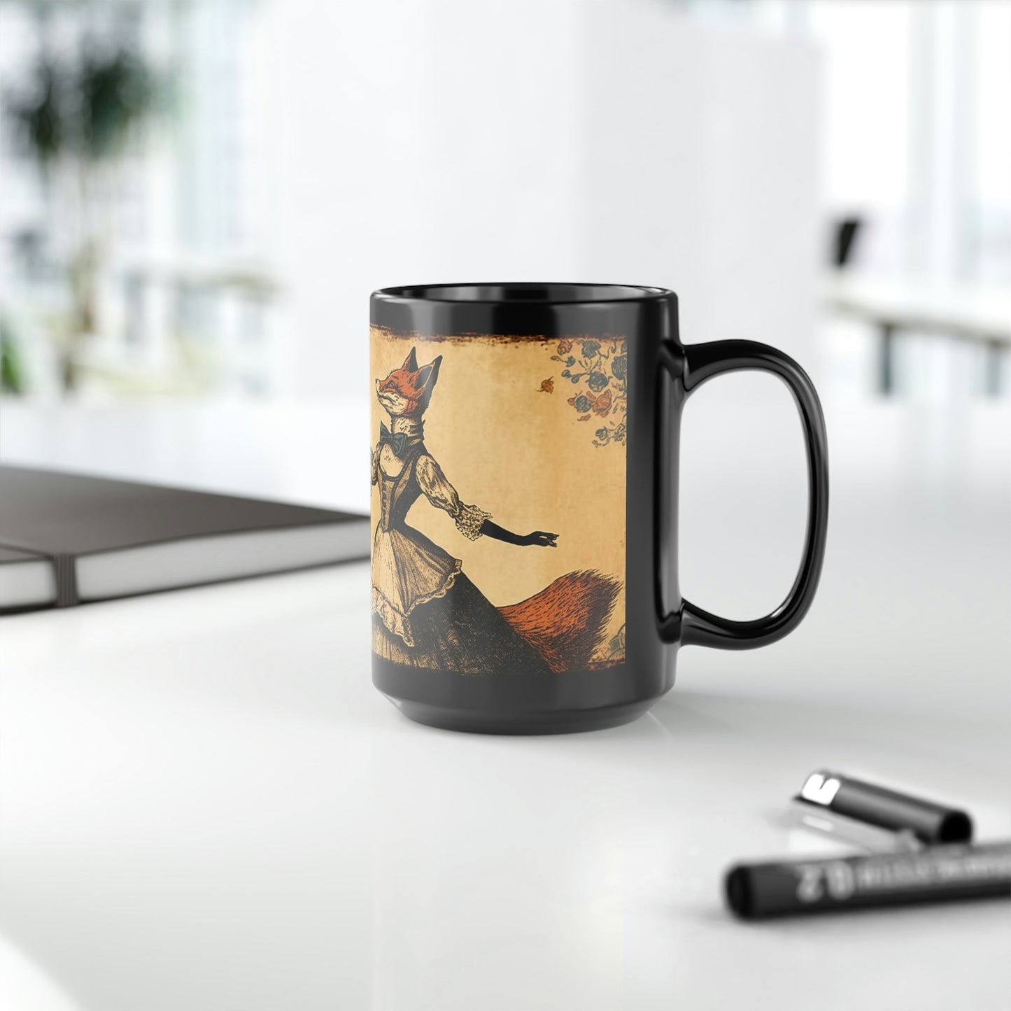 Vintage Red Fox Couple Dancing - Black 15 oz Blck Coffee Mug