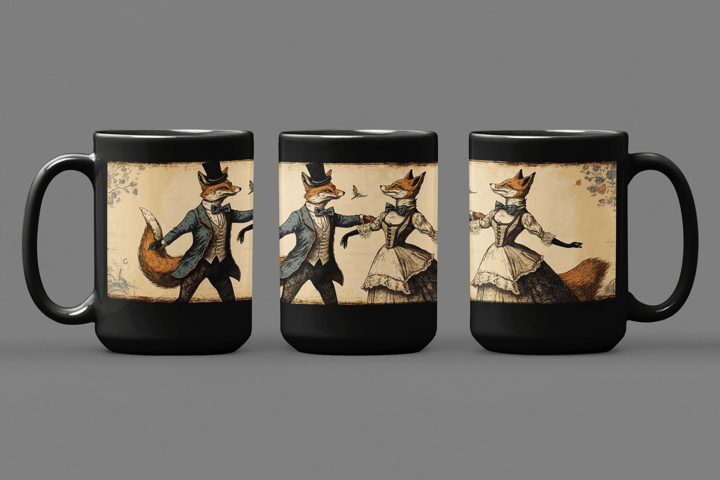 Vintage Red Fox Couple Dancing - Black 15 oz Blck Coffee Mug