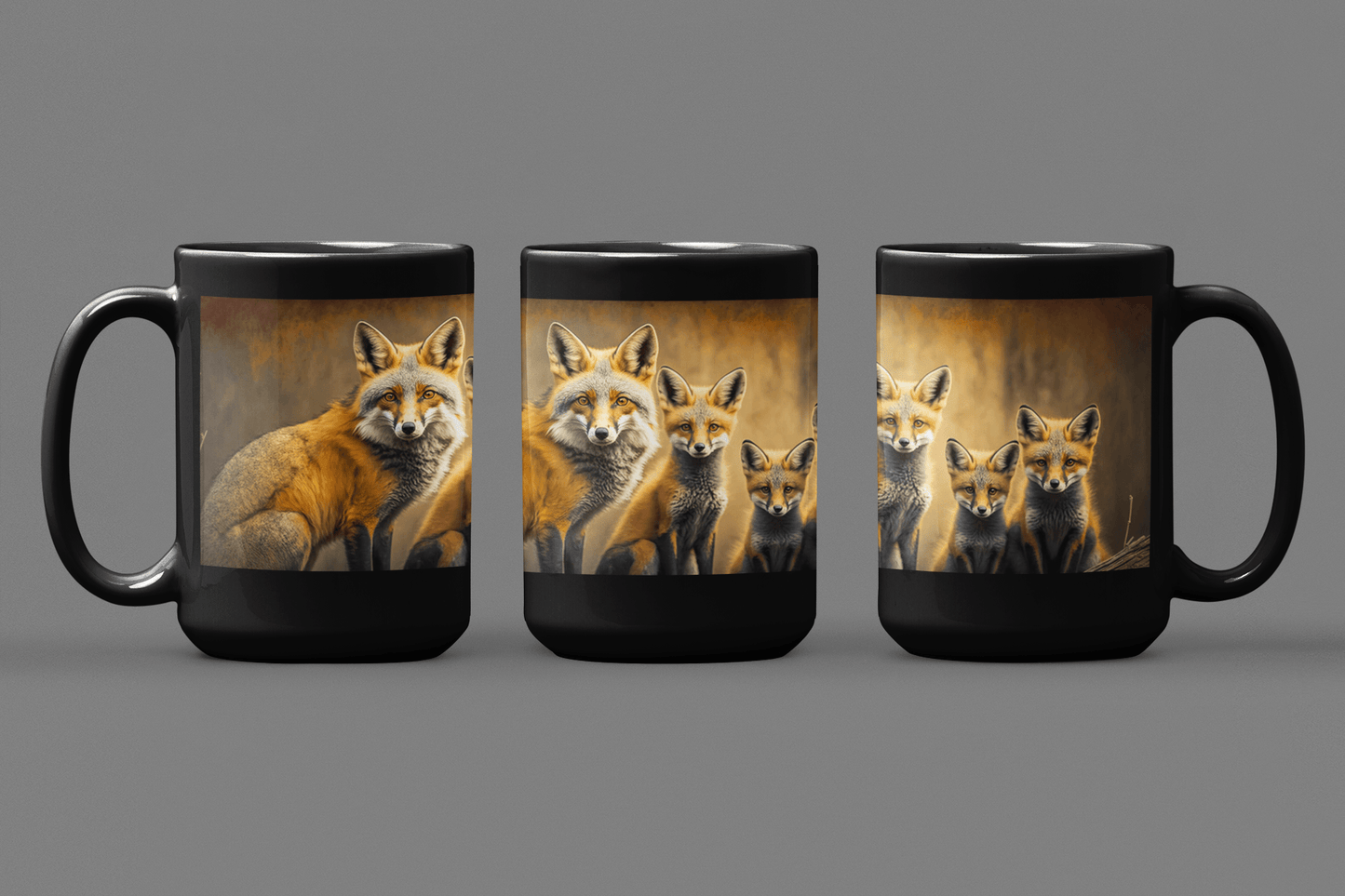 Vintage Red Fox Family - Black 15 oz Blck Coffee Mug