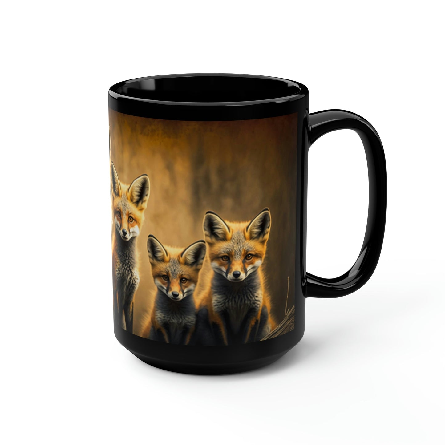 Vintage Red Fox Family - Black 15 oz Blck Coffee Mug