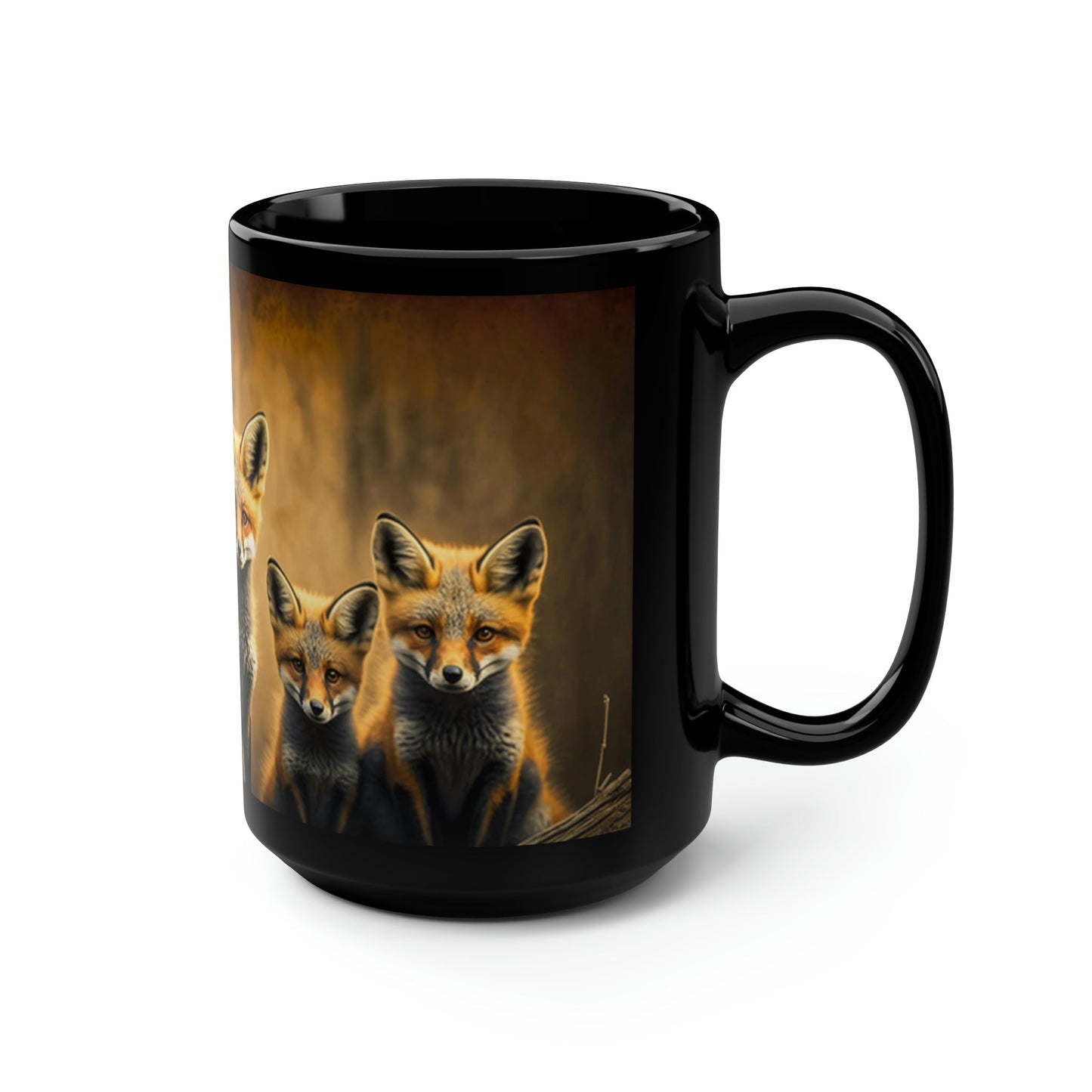 Vintage Red Fox Family - Black 15 oz Blck Coffee Mug