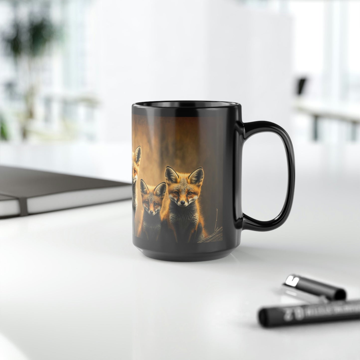Vintage Red Fox Family - Black 15 oz Blck Coffee Mug