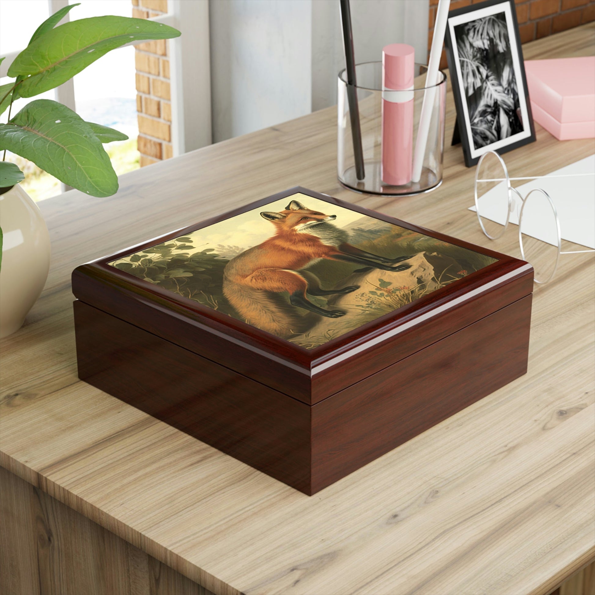 Vintage Red Fox Wooden Keepsake Jewelry Box
