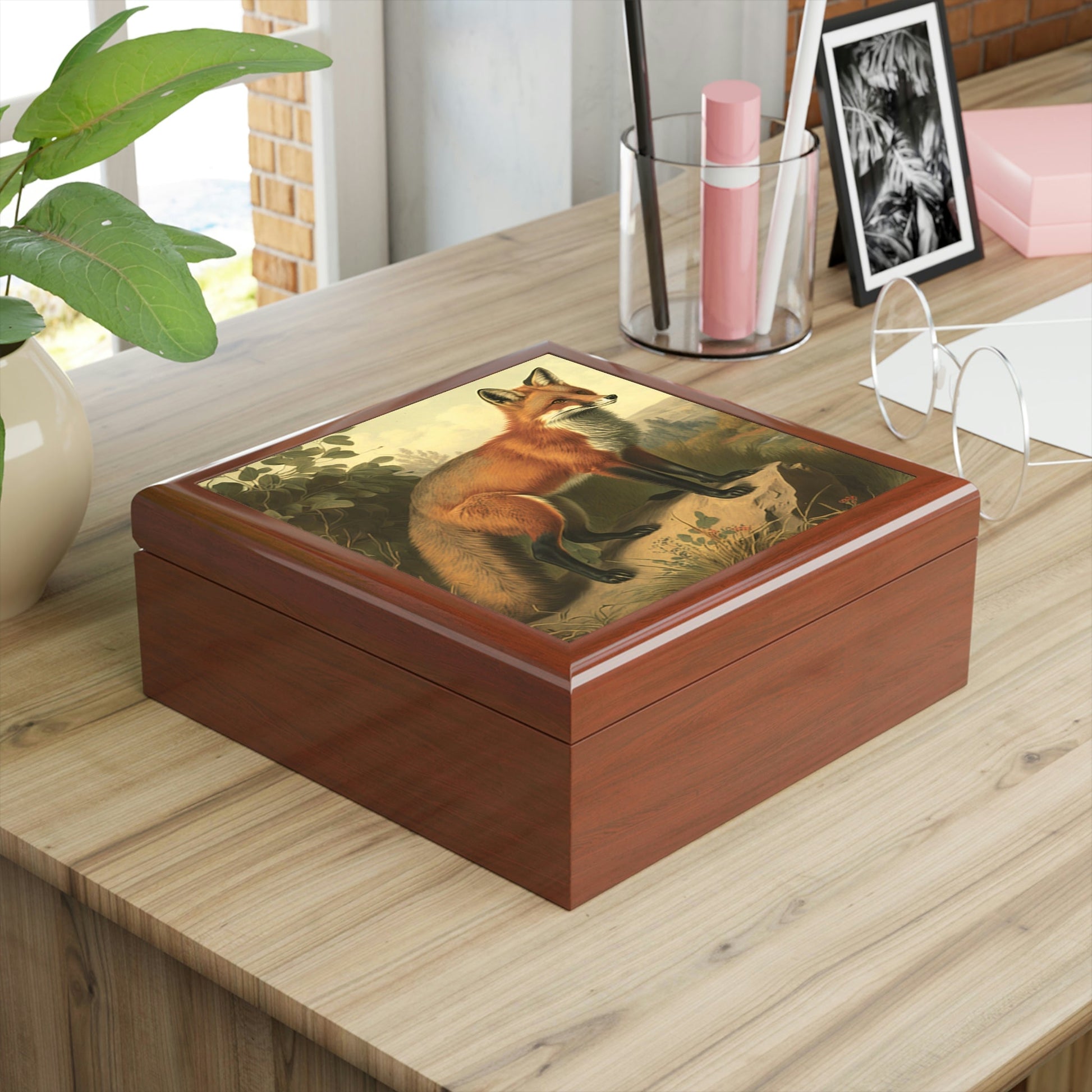 Vintage Red Fox Wooden Keepsake Jewelry Box