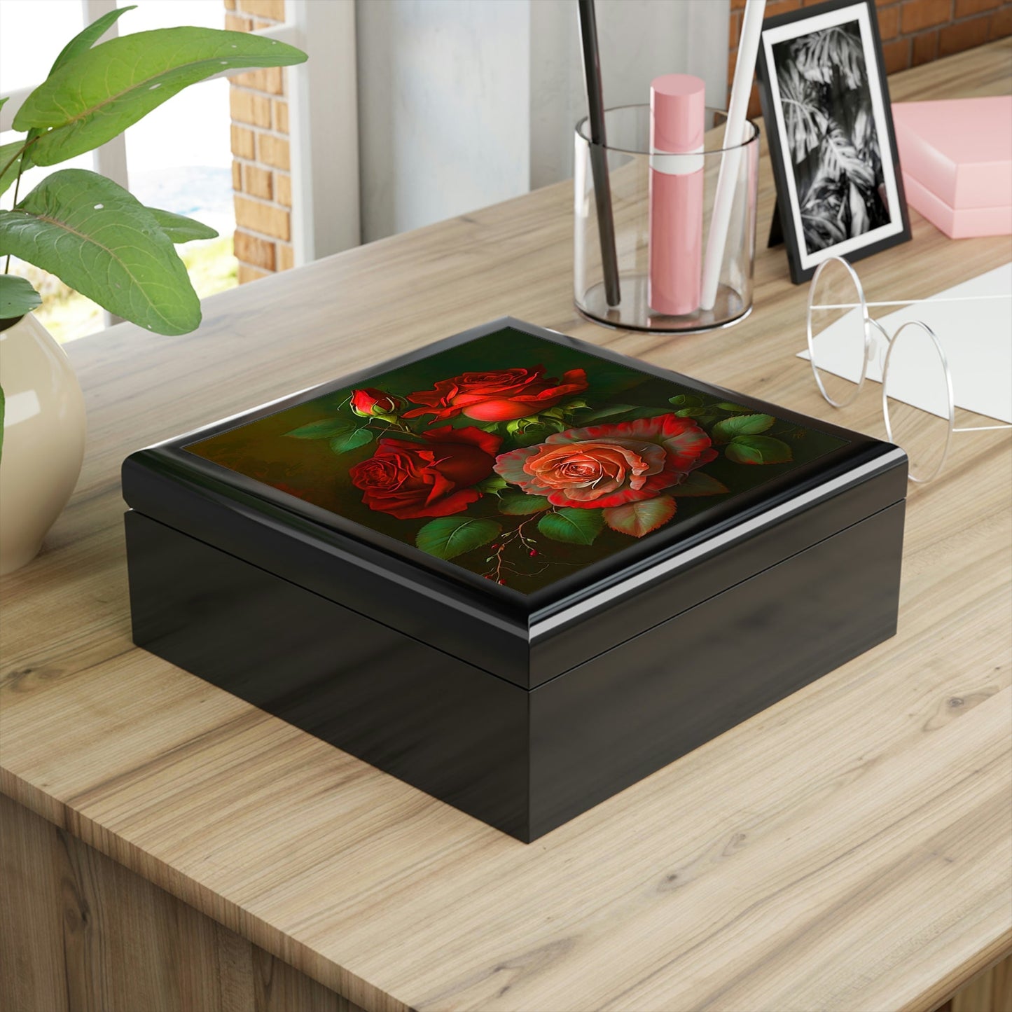 Vintage Roses Wood Keepsake Jewelry Box with Ceramic Tile Cover
