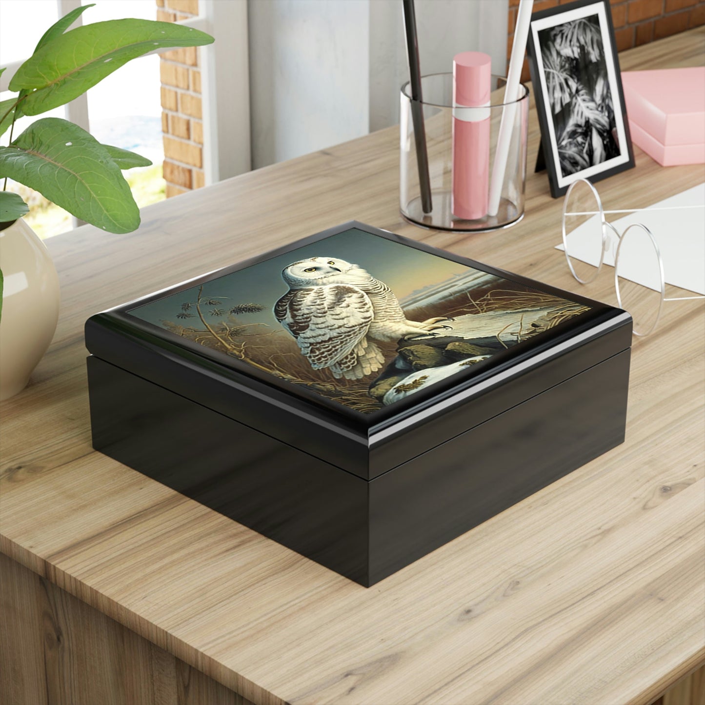 Vintage Snowy Owl Wooden Keepsake Jewelry Box