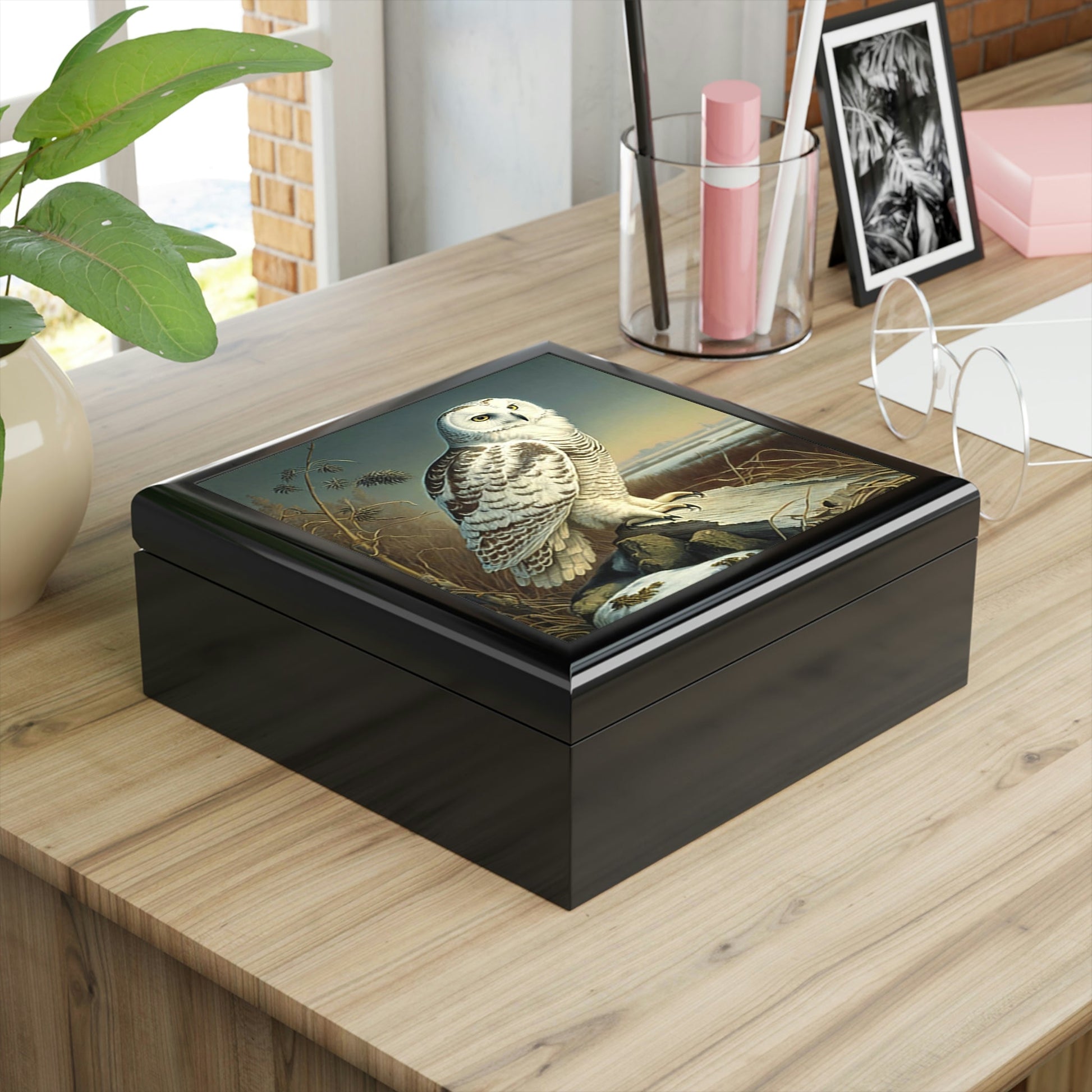 Vintage Snowy Owl Wooden Keepsake Jewelry Box