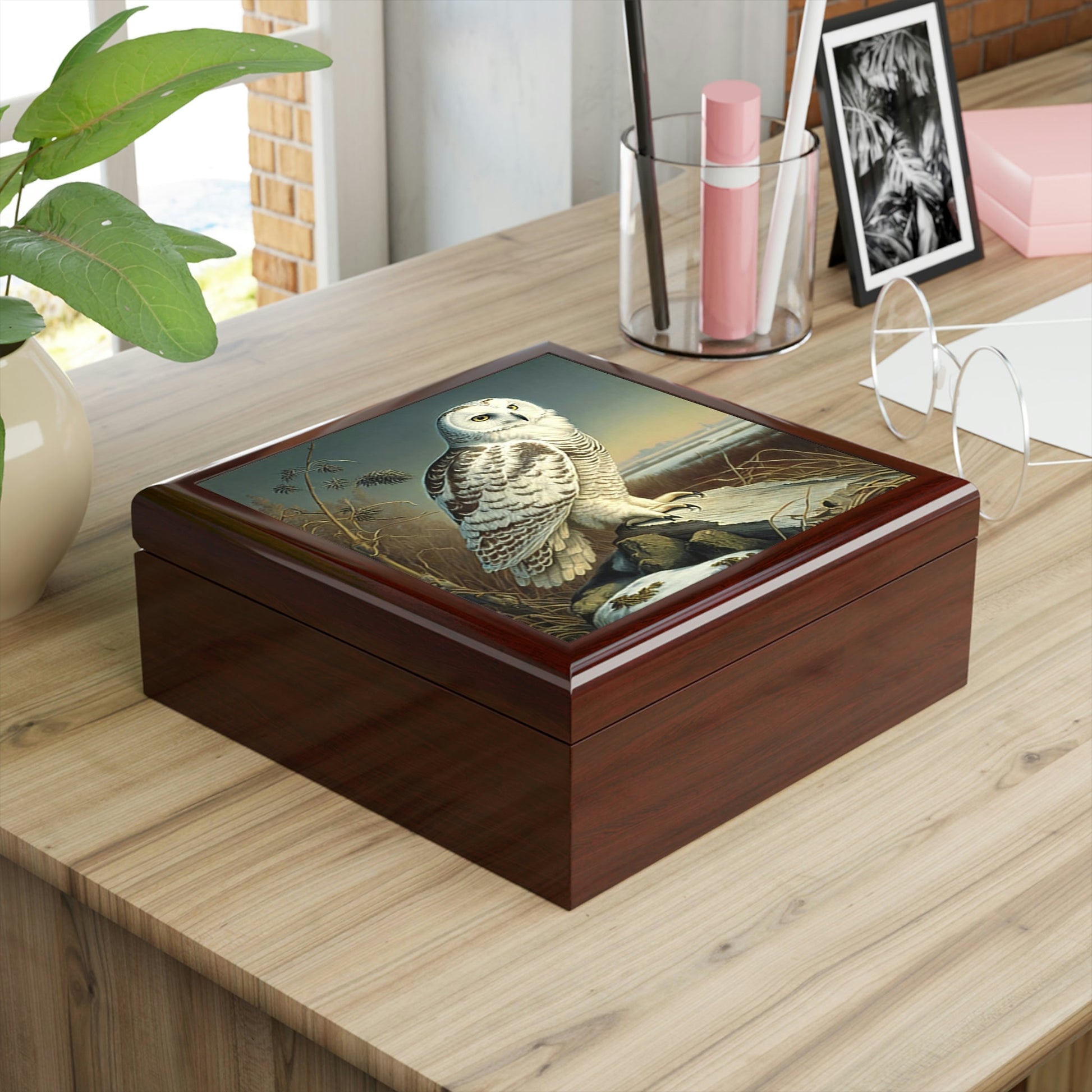 Vintage Snowy Owl Wooden Keepsake Jewelry Box
