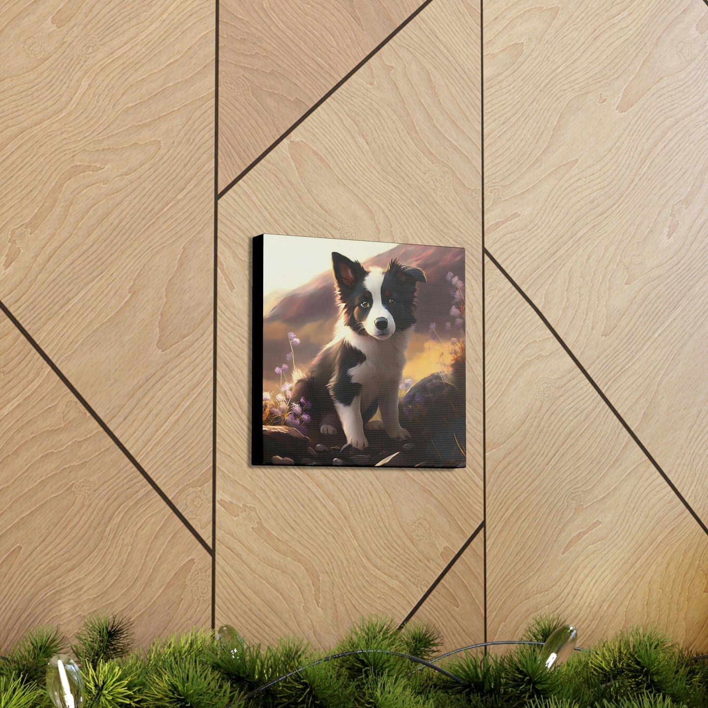 Watercolor Border Collie Puppie in Mountain Meadow Canvas Gallery Wraps