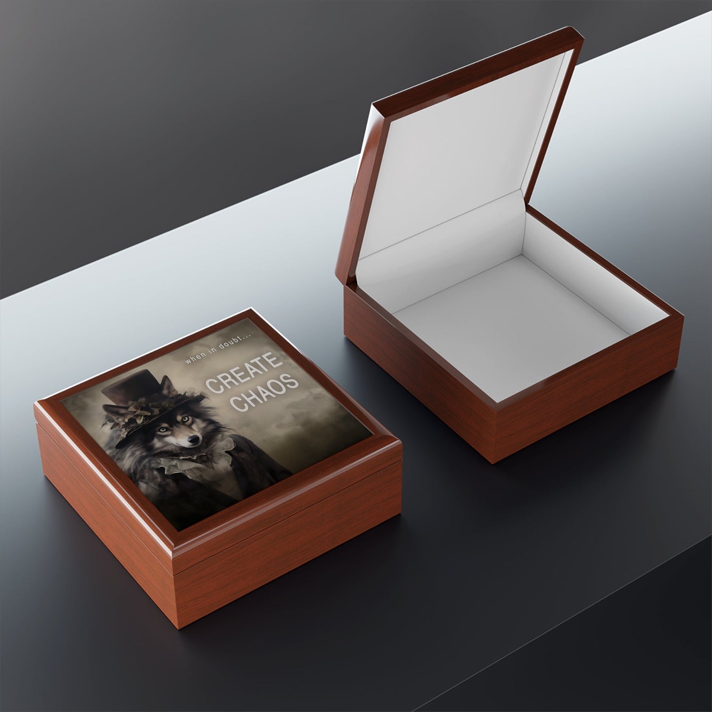 When in Doubt... Create Chaos Wolf Businesswoman Quote Jewelry Keepsake Trinkets Box