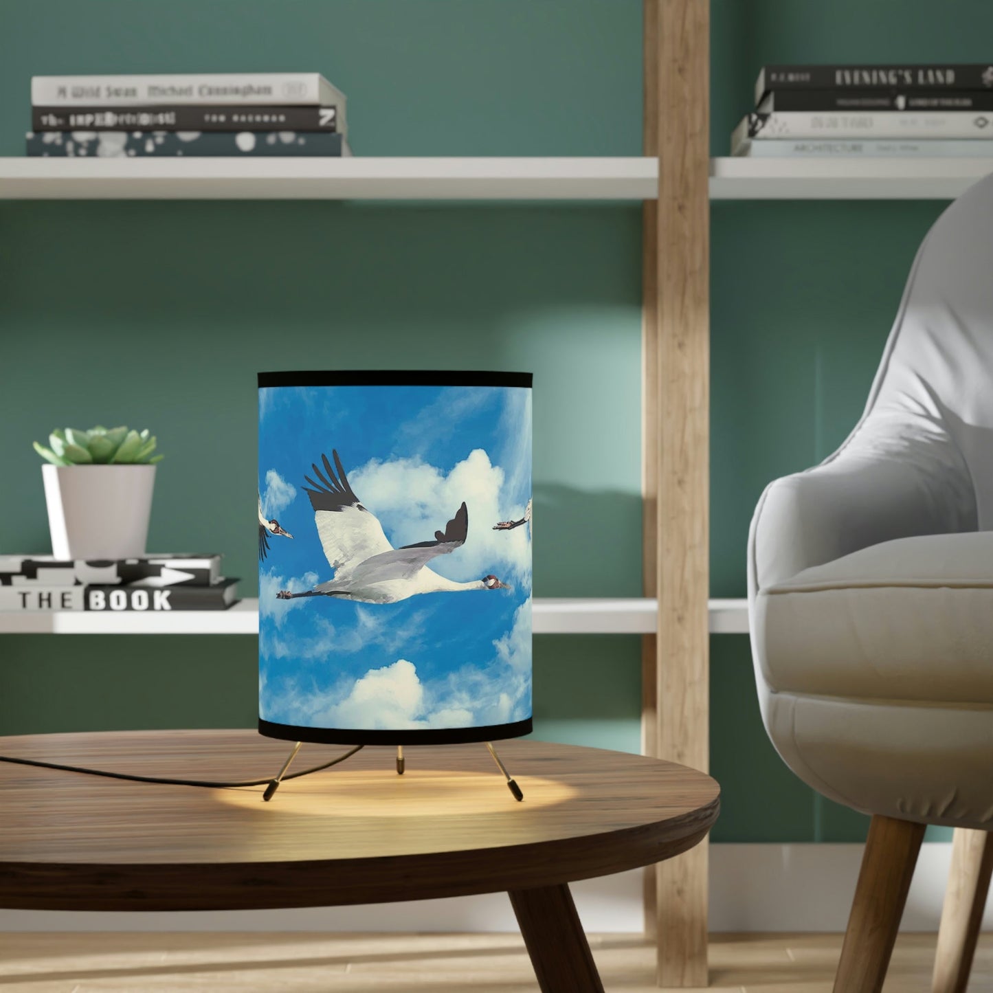 Whooping Crane Tripod Lamp with High-Res Printed Shade, USCA plug