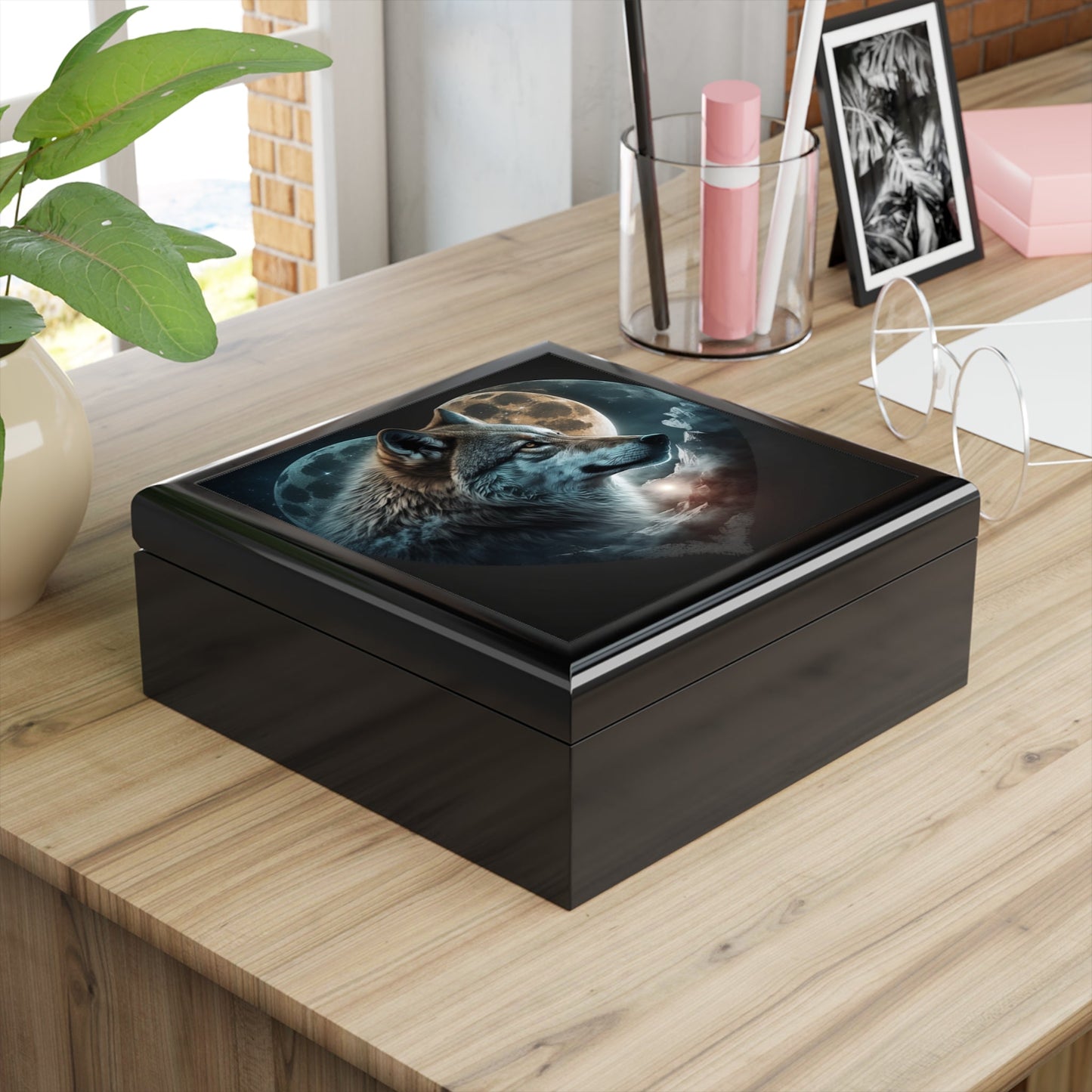 Wolf Moon Heart Wood Keepsake Jewelry Box with Ceramic Tile Cover