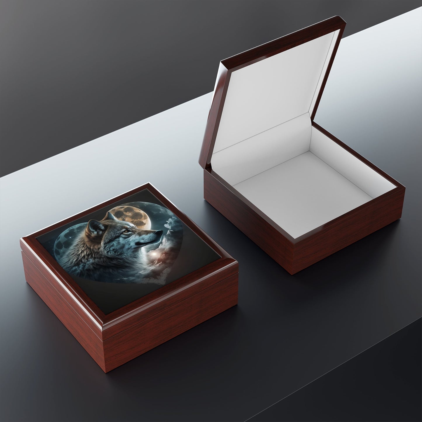 Wolf Moon Heart Wood Keepsake Jewelry Box with Ceramic Tile Cover