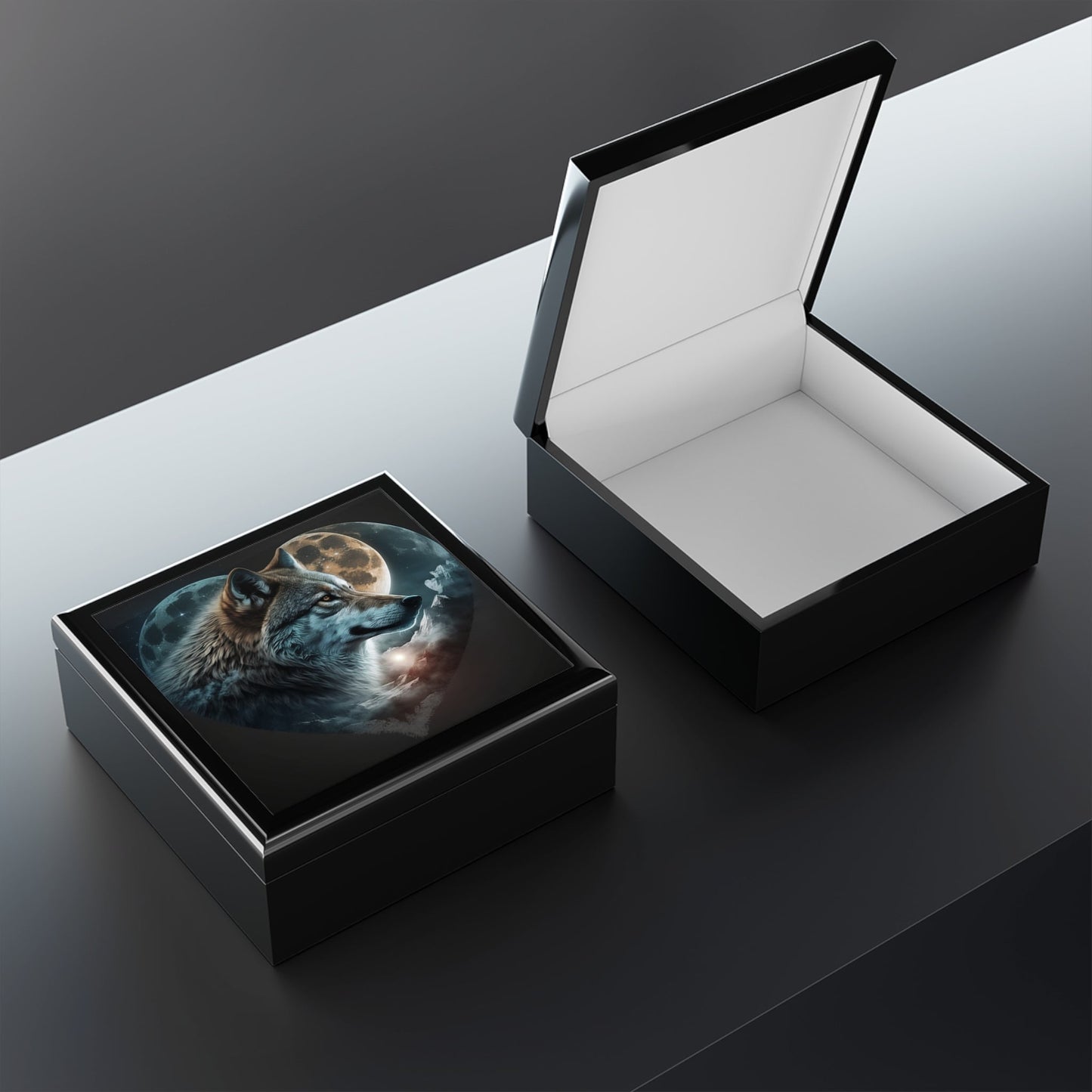 Wolf Moon Heart Wood Keepsake Jewelry Box with Ceramic Tile Cover