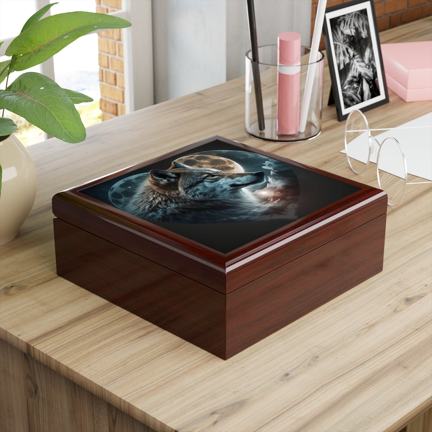 Wolf Moon Heart Wood Keepsake Jewelry Box with Ceramic Tile Cover