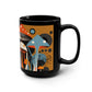Psychedelic Mushroom Black Coffee Mug – 15oz Retro Orange & Blue Fungi Design