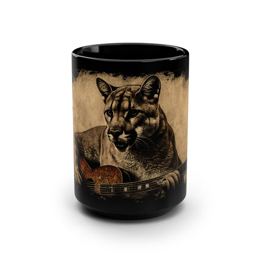 Mountain Lion Puma Cougar Playing Guitar - 15 oz Coffee Mug