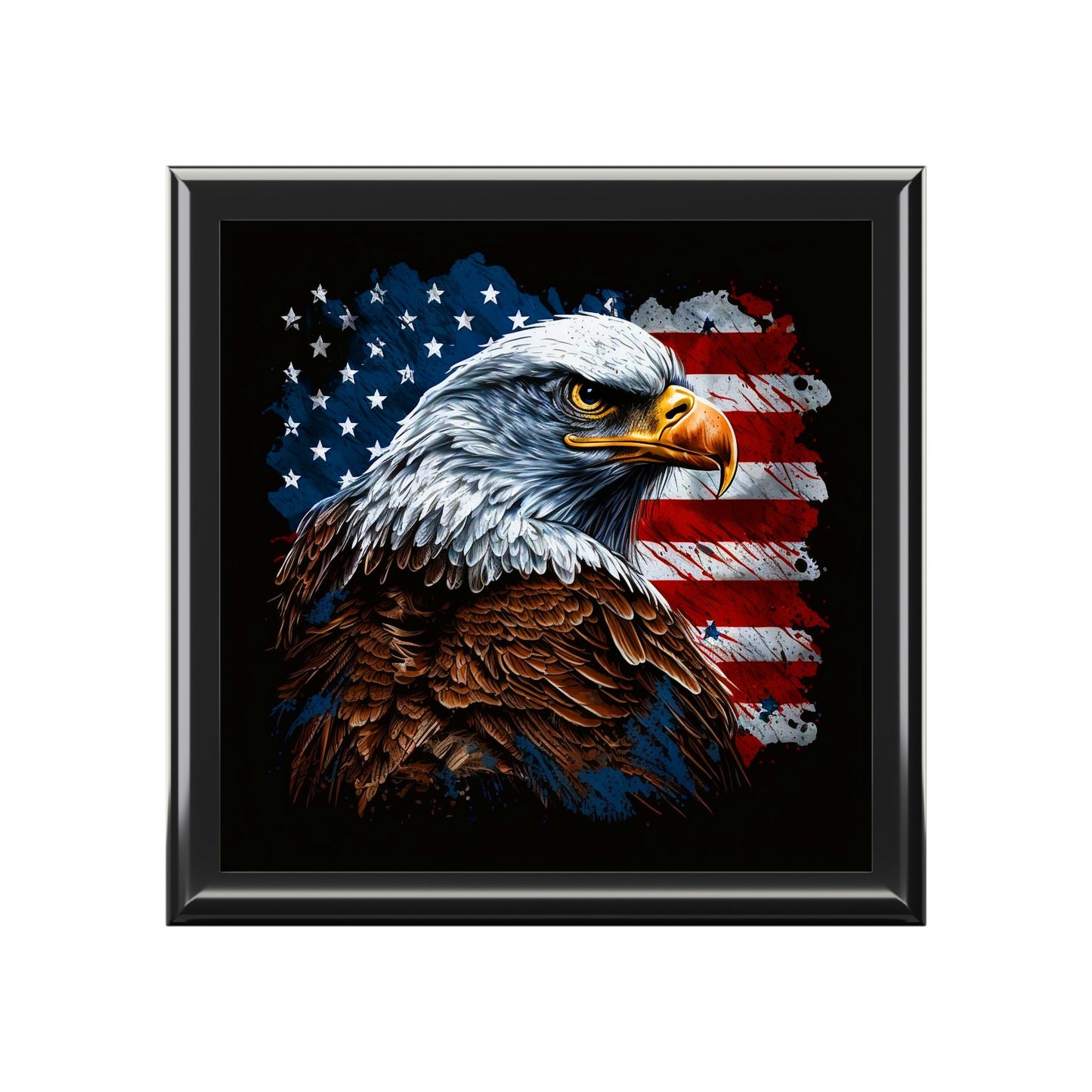 American Bald Eagle Flag Wood Keepsake Jewelry Box with Ceramic Tile Cover