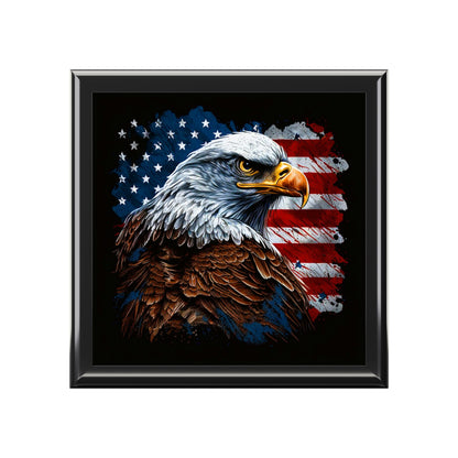 American Bald Eagle Flag Wood Keepsake Jewelry Box with Ceramic Tile Cover