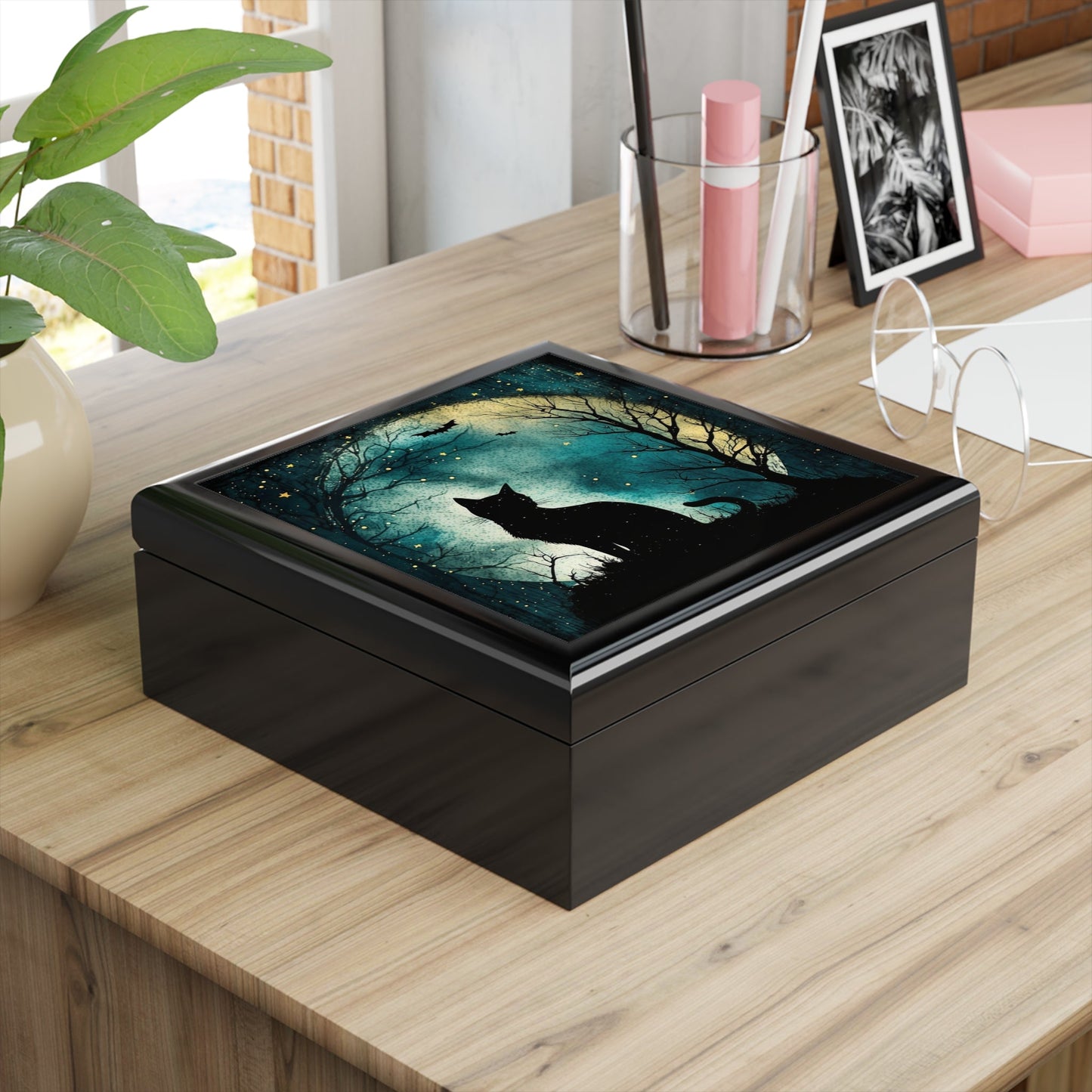 Black Cat Wooden Keepsake Jewelry Box with Ceramic Tile Cover