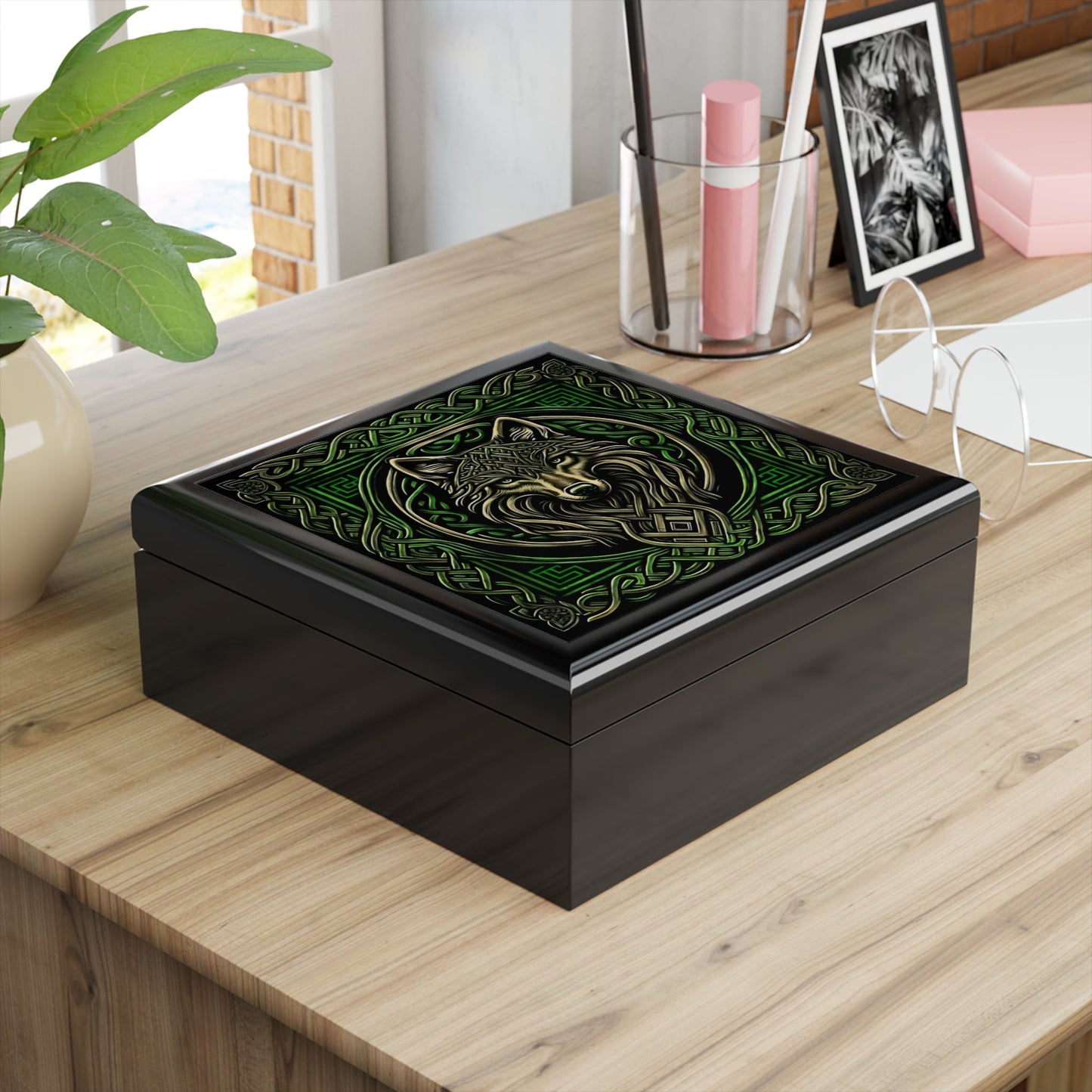 Celtic Knots Wolf Wooden Keepsake Jewelry Box with Ceramic Tile Cover