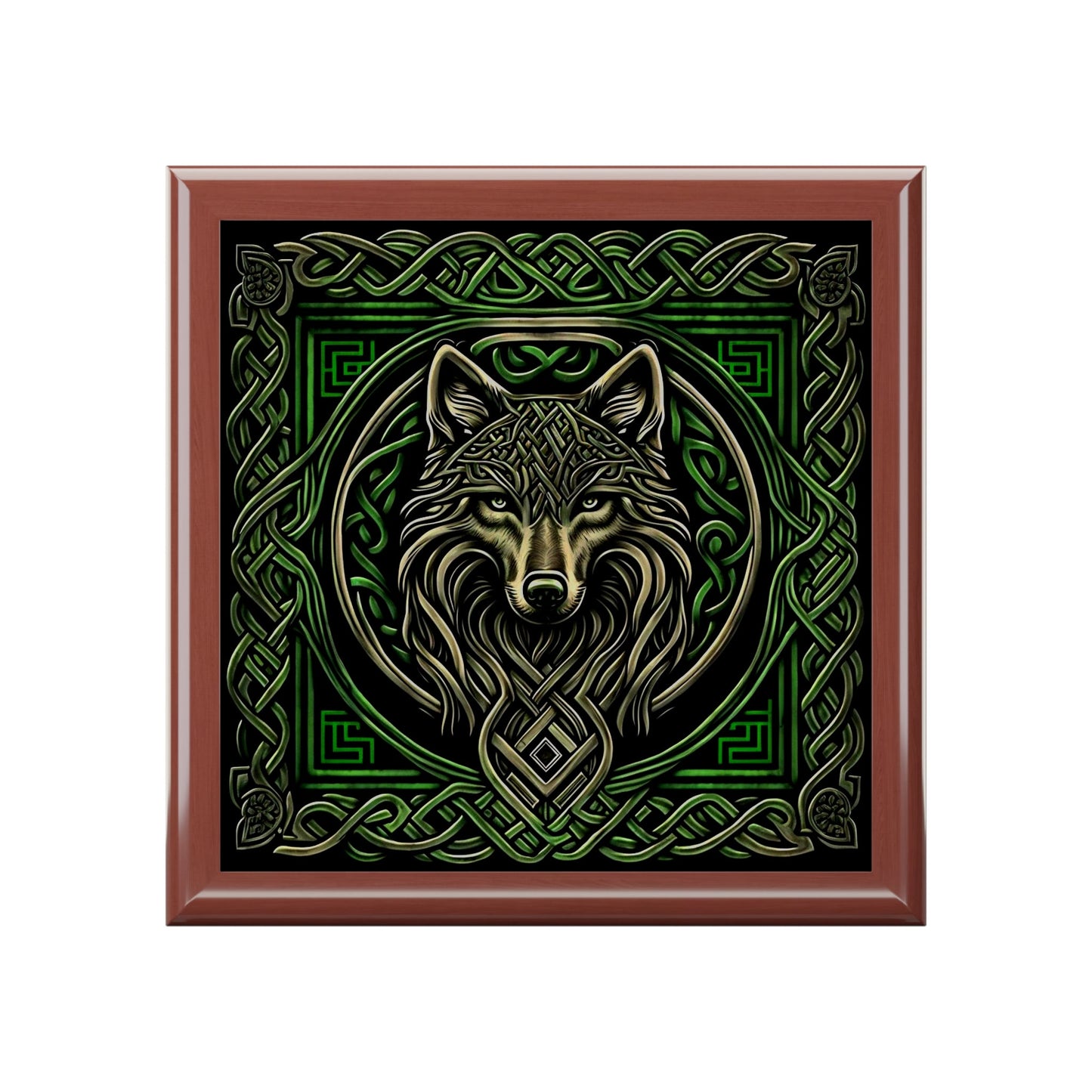 Celtic Knots Wolf Wooden Keepsake Jewelry Box with Ceramic Tile Cover