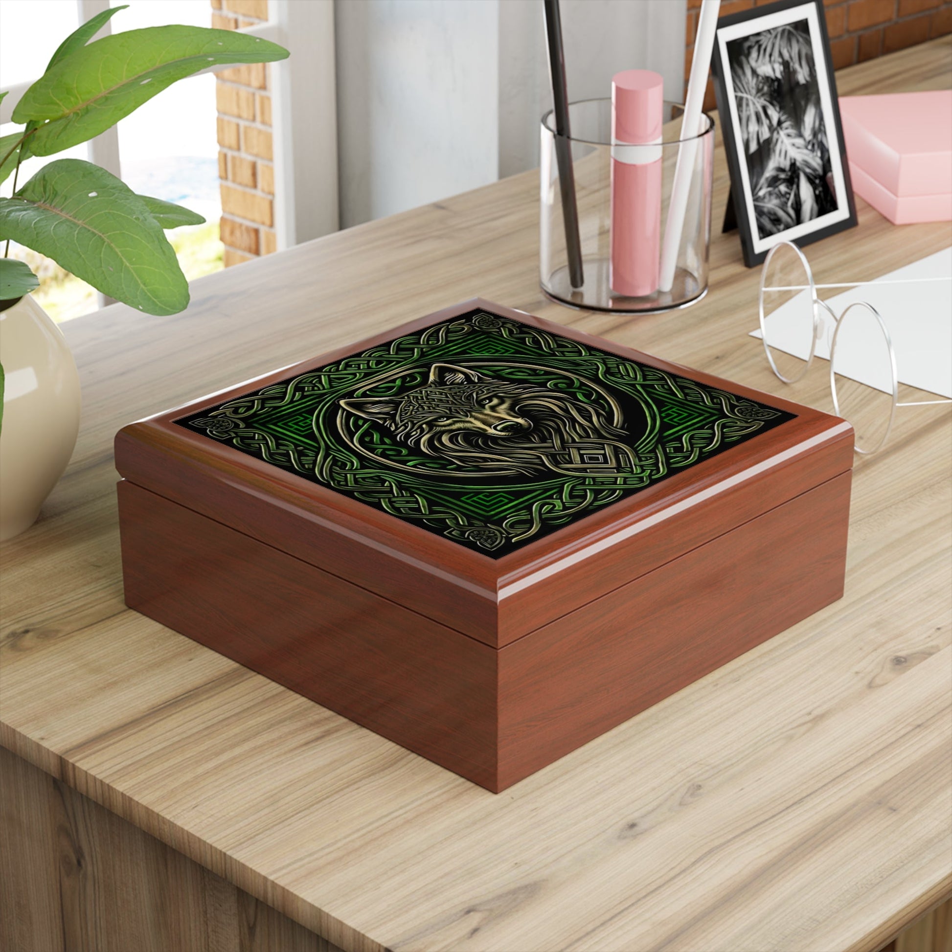 Celtic Knots Wolf Wooden Keepsake Jewelry Box with Ceramic Tile Cover