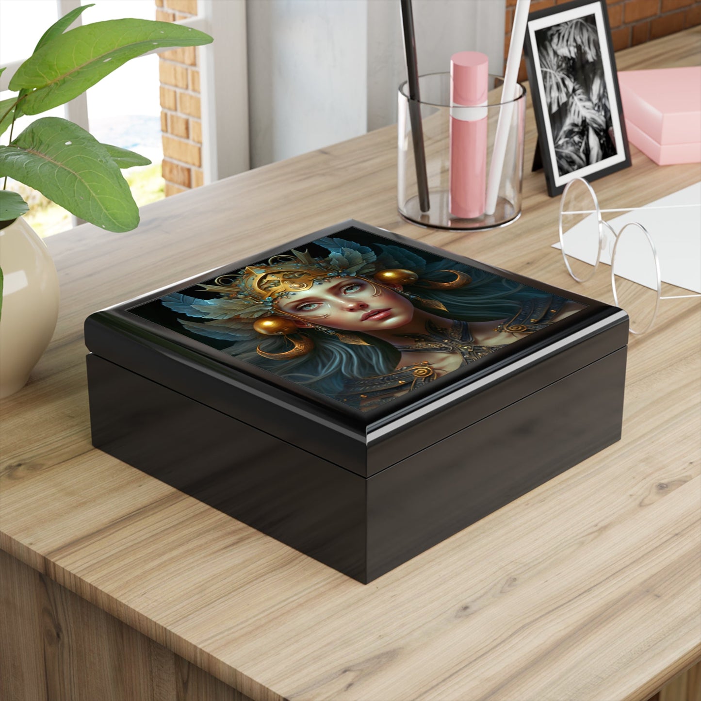 Freya the Goddess Wood Keepsake Jewelry Box with Ceramic Tile Cover