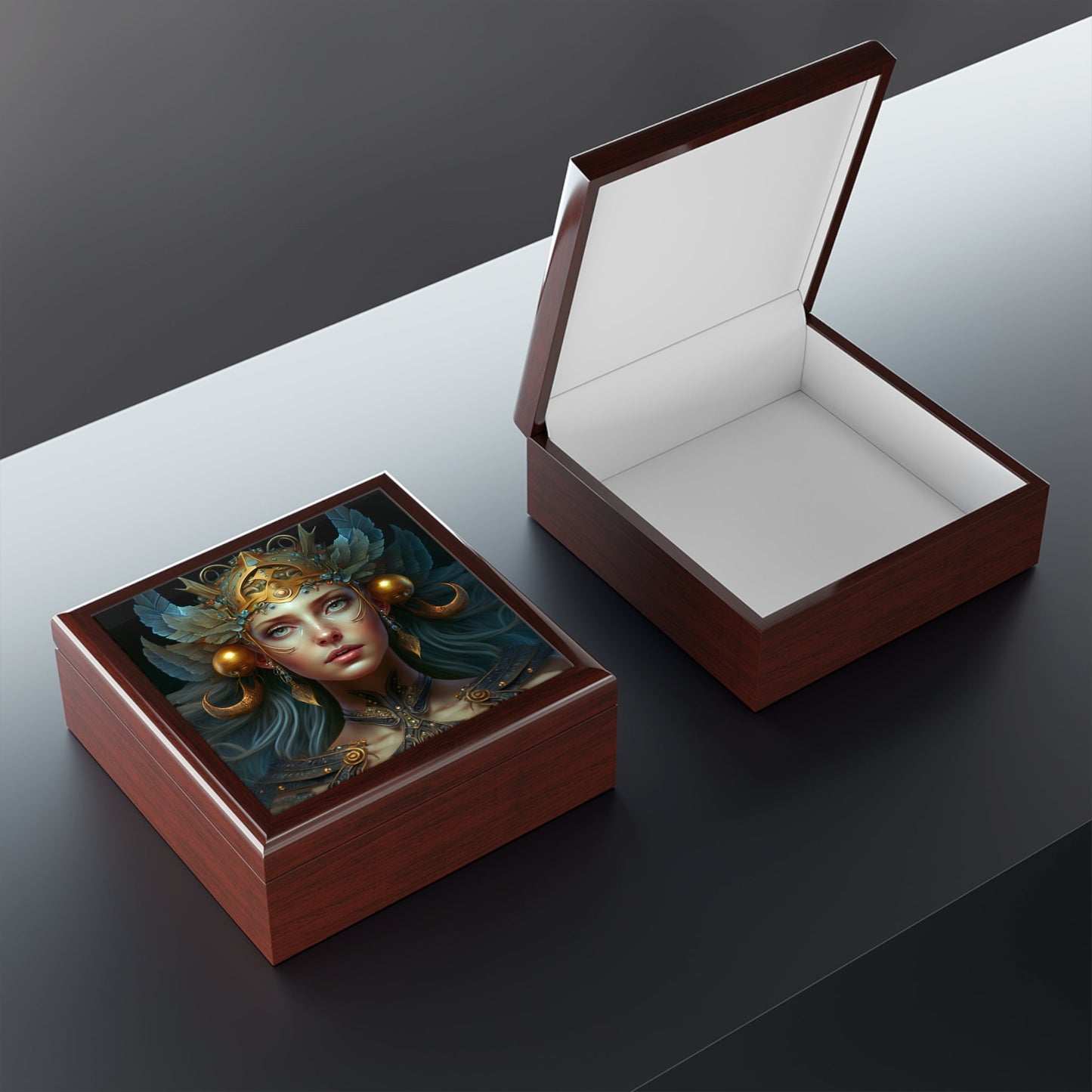 Freya the Goddess Wood Keepsake Jewelry Box with Ceramic Tile Cover