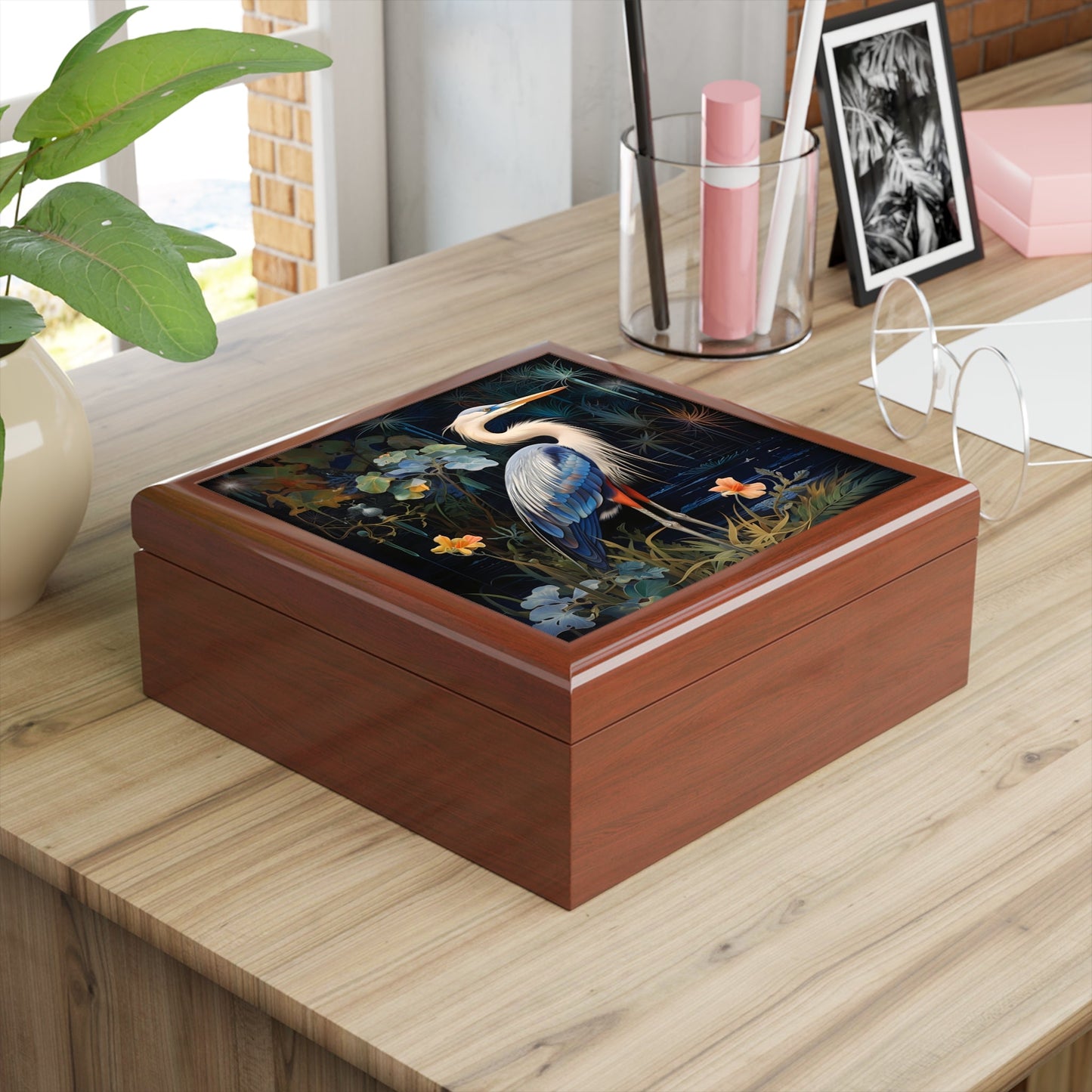 Midnight Great Blue Heron Art Gift and Jewelry Box