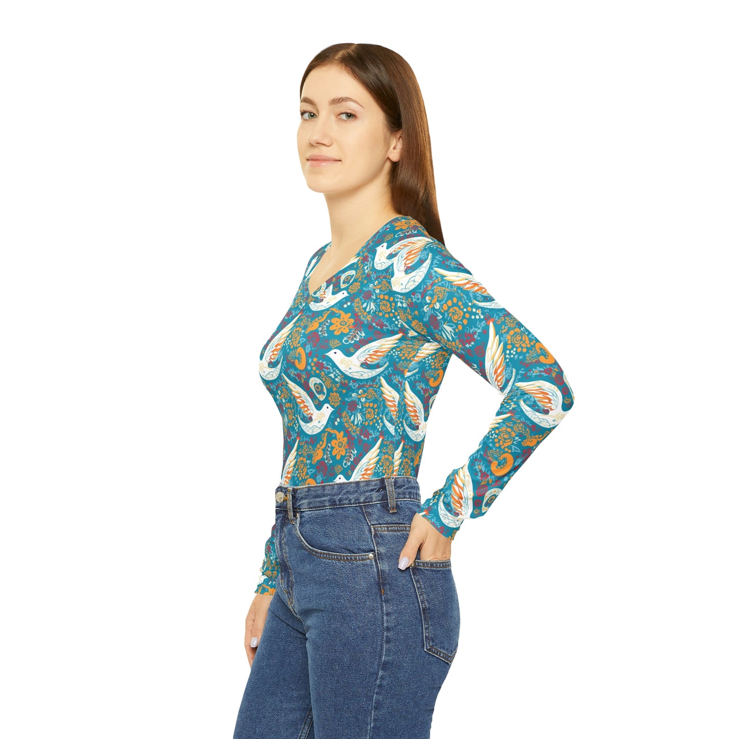 Peace Dove Women's Long Sleeve V-neck Shirt - Cottagecore Vintage Hippy Style Clothing