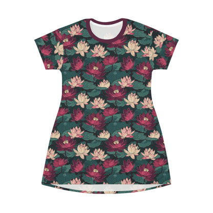 Lotus Flower Water Lily T-Shirt Dress - Cottagecore Vintage 60's Vintage Feel