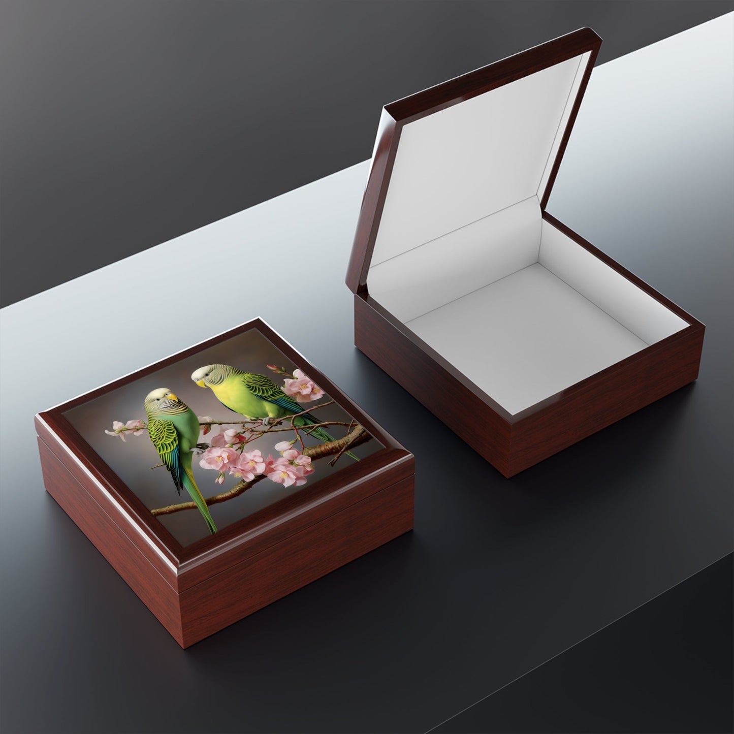 A Pair of Parakeets "Budgies" in a Flowering Cherry Tree Gift, Trinket and Jewelry Box