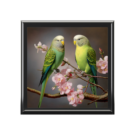 A Pair of Parakeets "Budgies" in a Flowering Cherry Tree Gift, Trinket and Jewelry Box