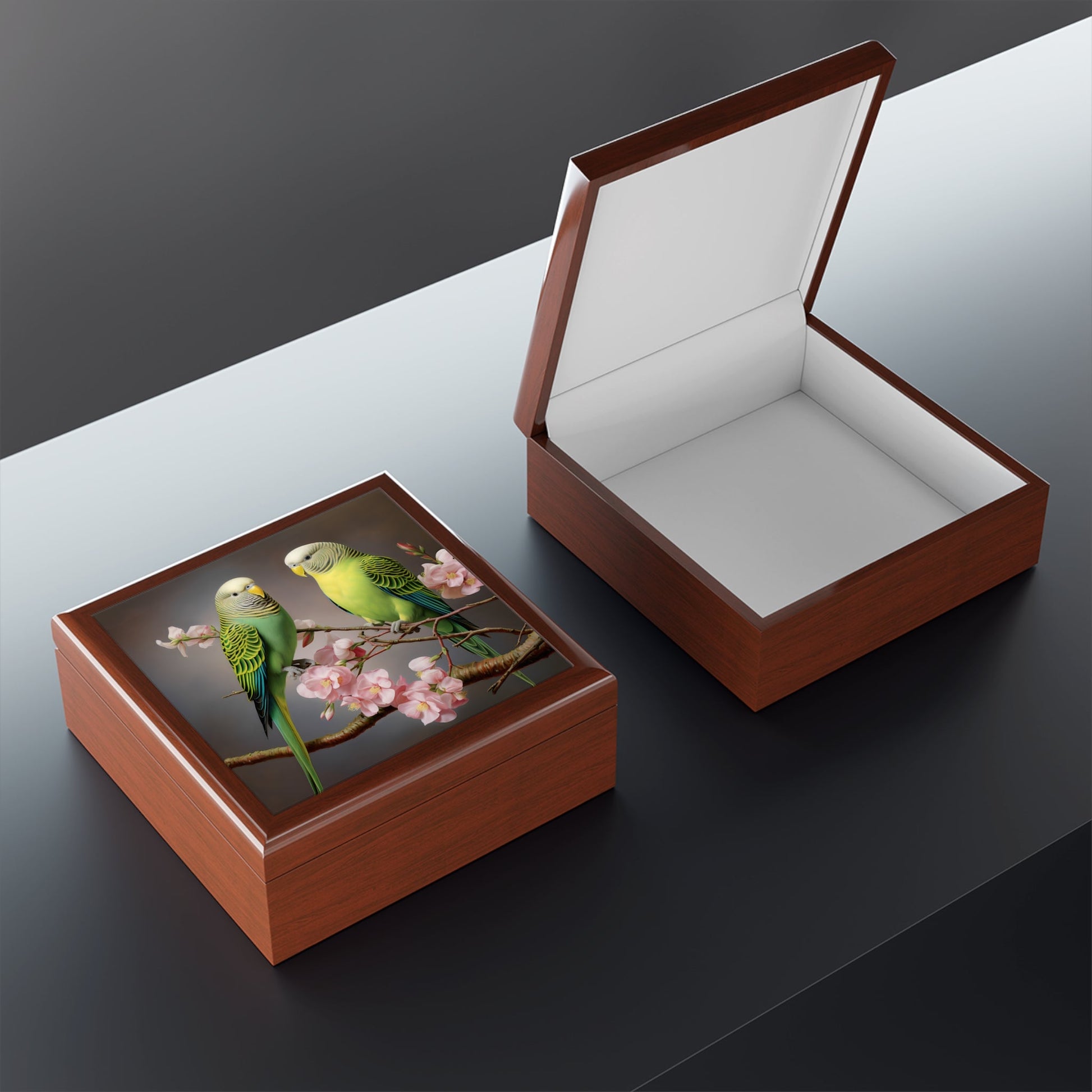 A Pair of Parakeets "Budgies" in a Flowering Cherry Tree Gift, Trinket and Jewelry Box