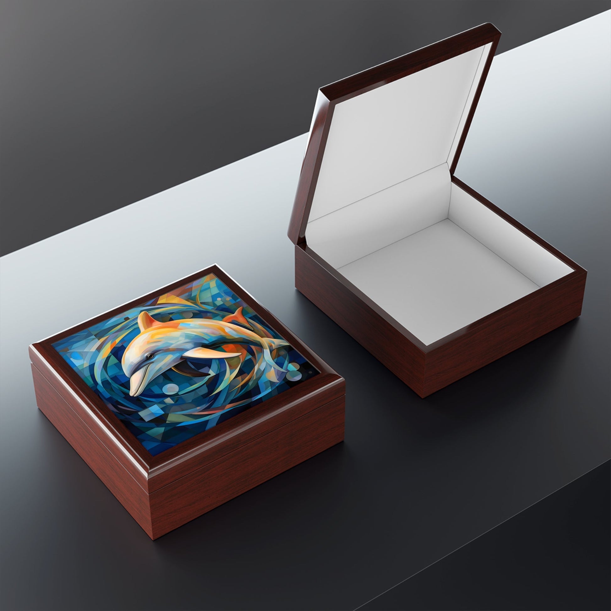 Abstract Cubism Dolphin Fine Art Print Jewelry Keepsake Trinkets Box