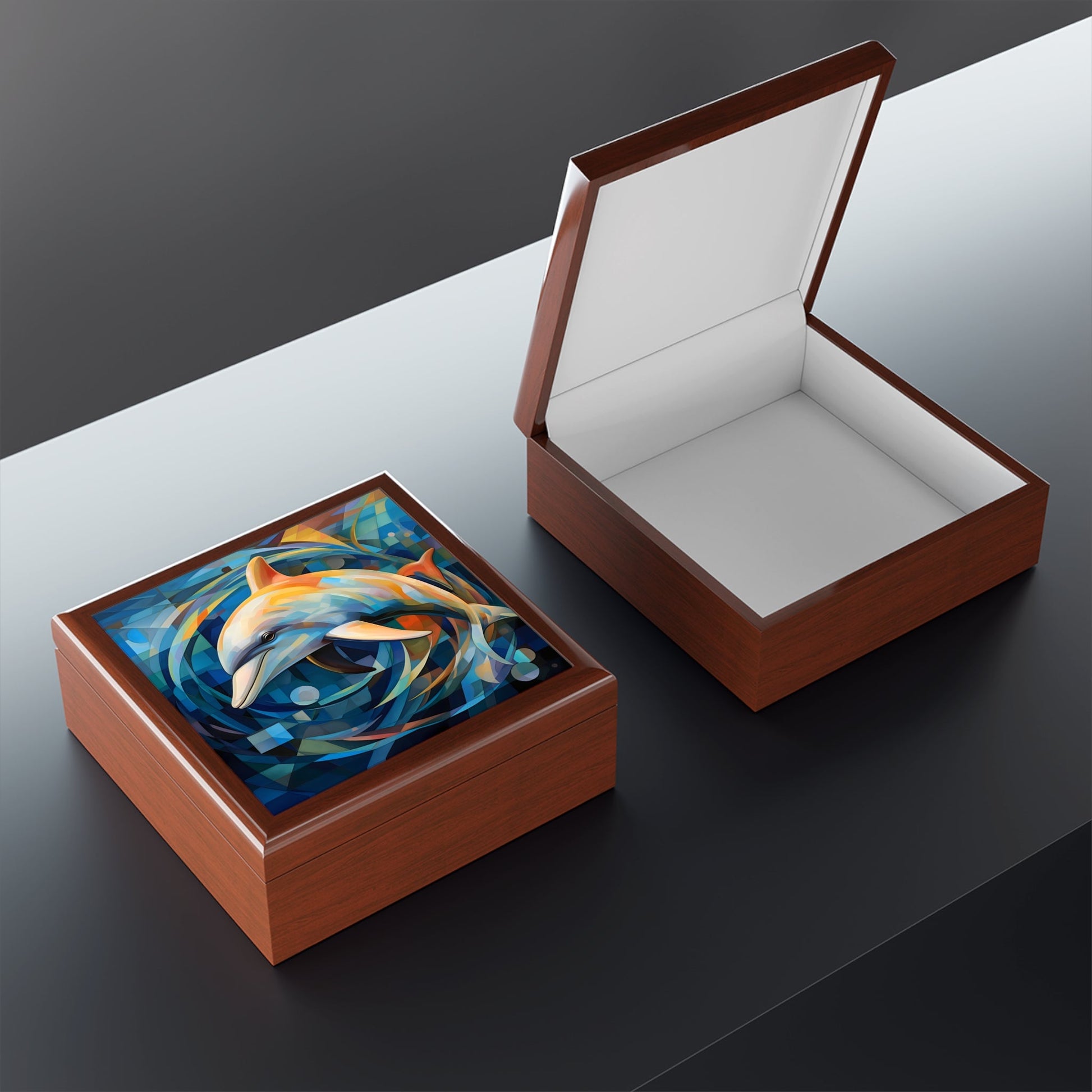 Abstract Cubism Dolphin Fine Art Print Jewelry Keepsake Trinkets Box