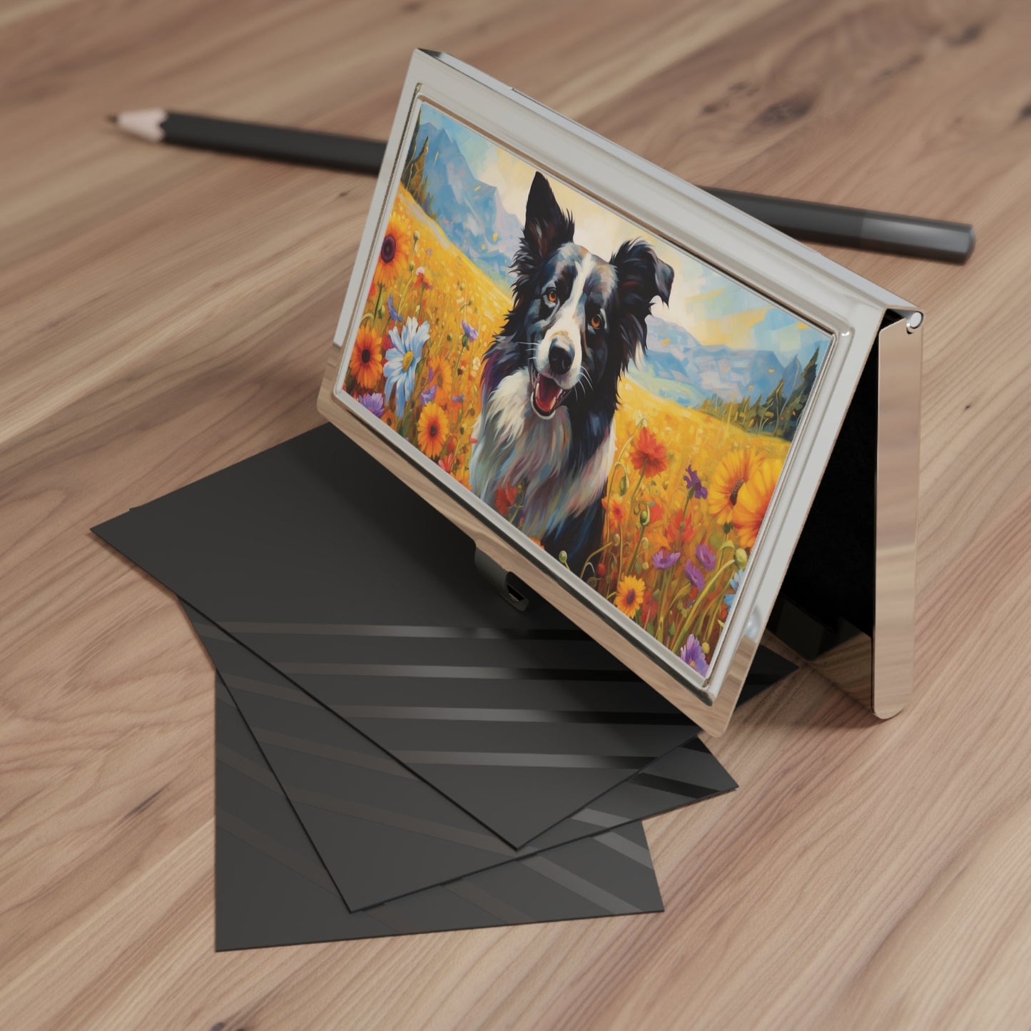 Abstract Expressionism Style Border Collie in Garden Business Card Holder