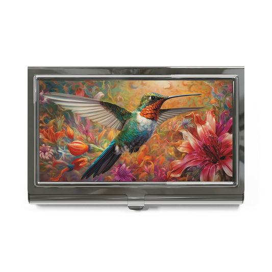 Abstract Expressionism Style Hummingbird in Garden Business Card Holder