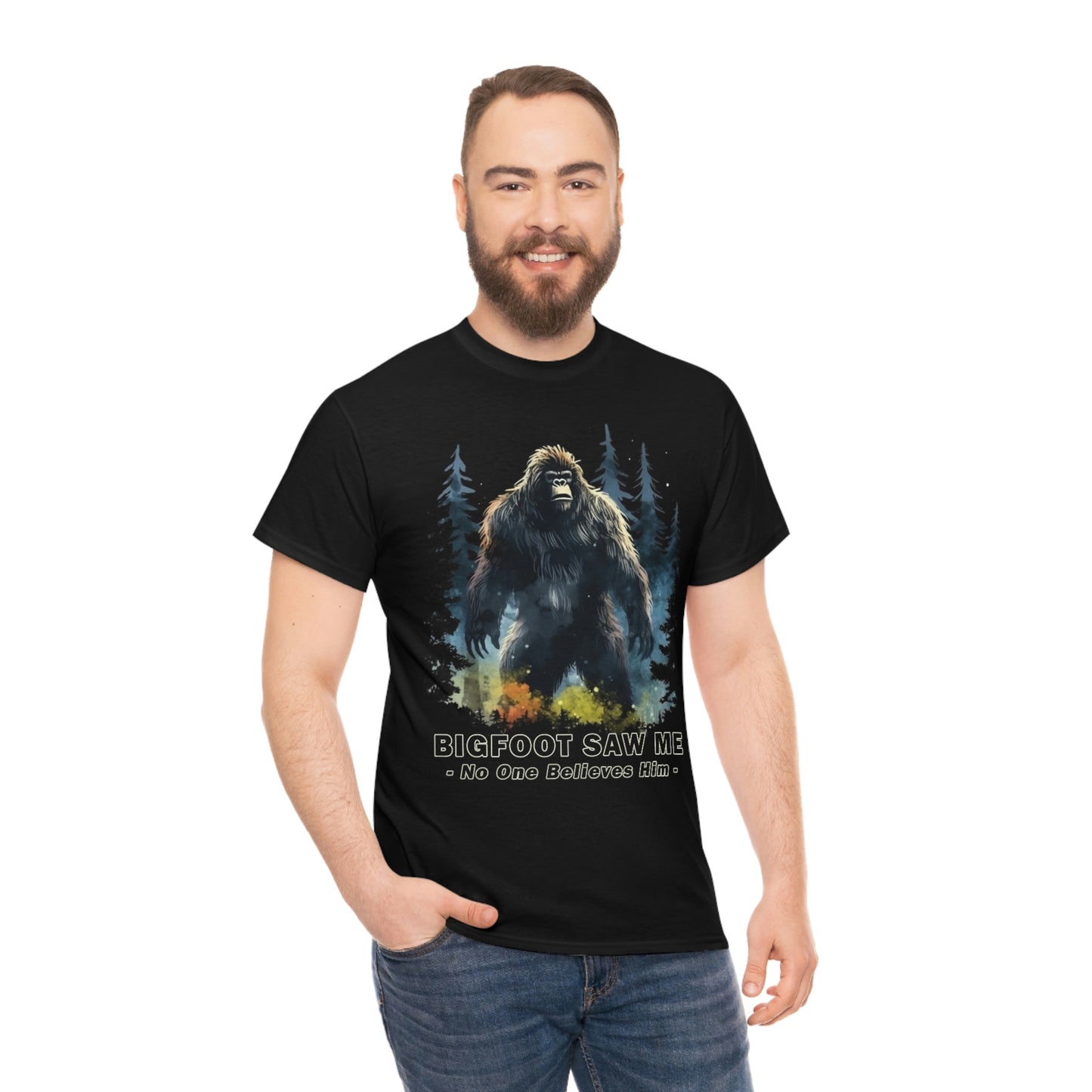 Bigfoot Saw Me But No One Believes Him Cotton T-Shirt - Sasquatch Yeti Tee Perfect Gift for Hiking, Camping or Just Being Outdoors