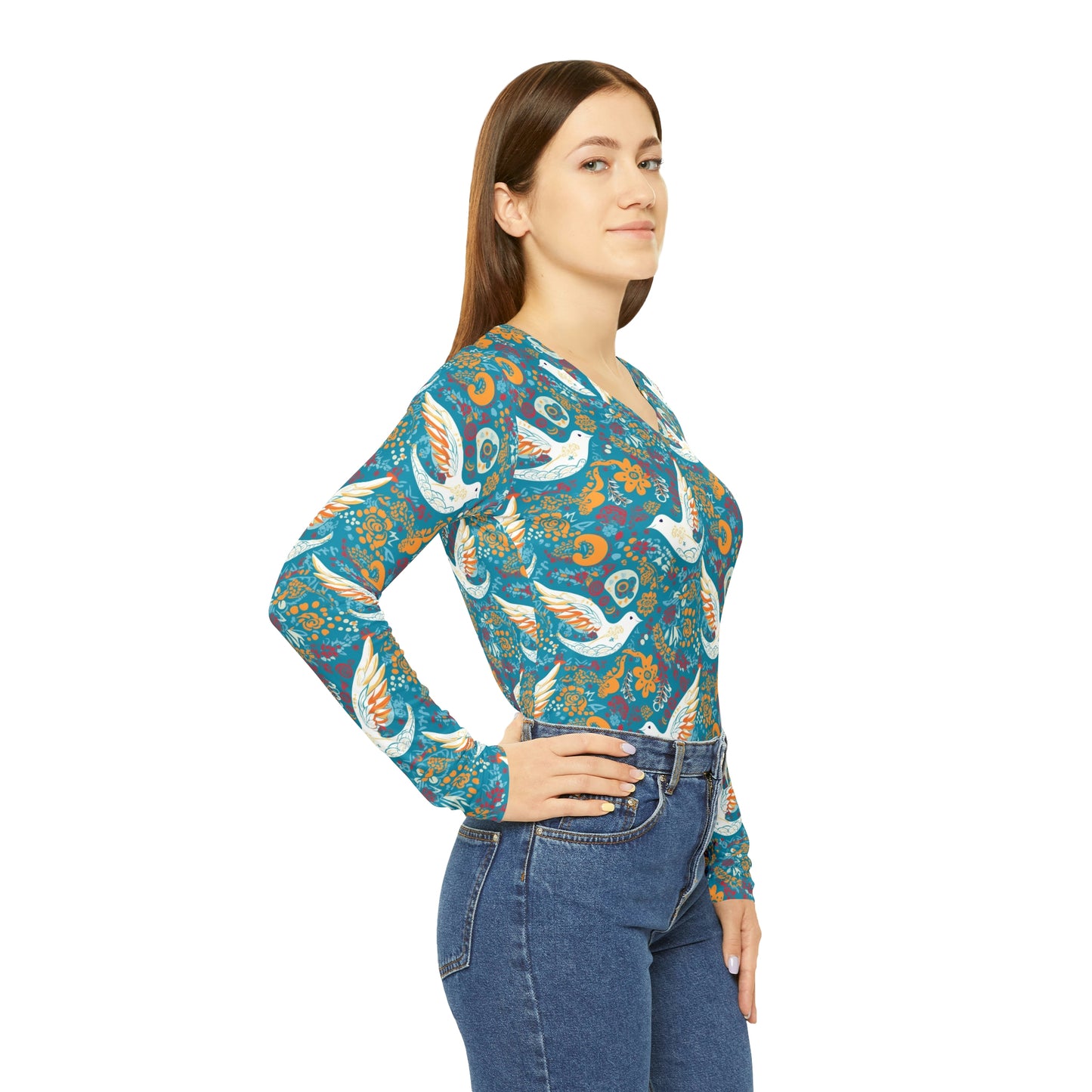 Peace Dove Women's Long Sleeve V-neck Shirt - Cottagecore Vintage Hippy Style Clothing