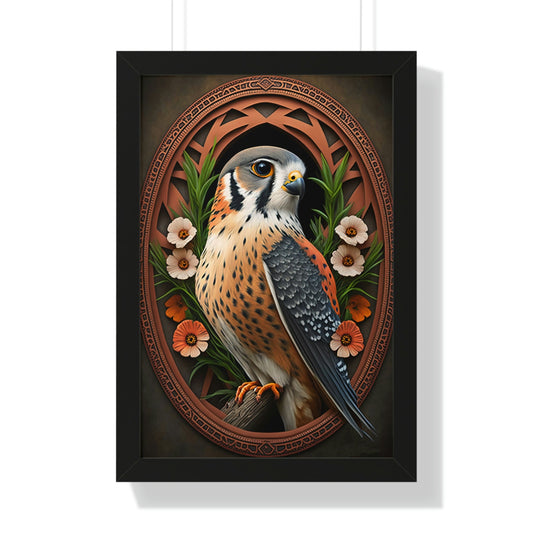 American Kestrel Framed Vertical Poster - Art Nouveau Vintage Falcon art