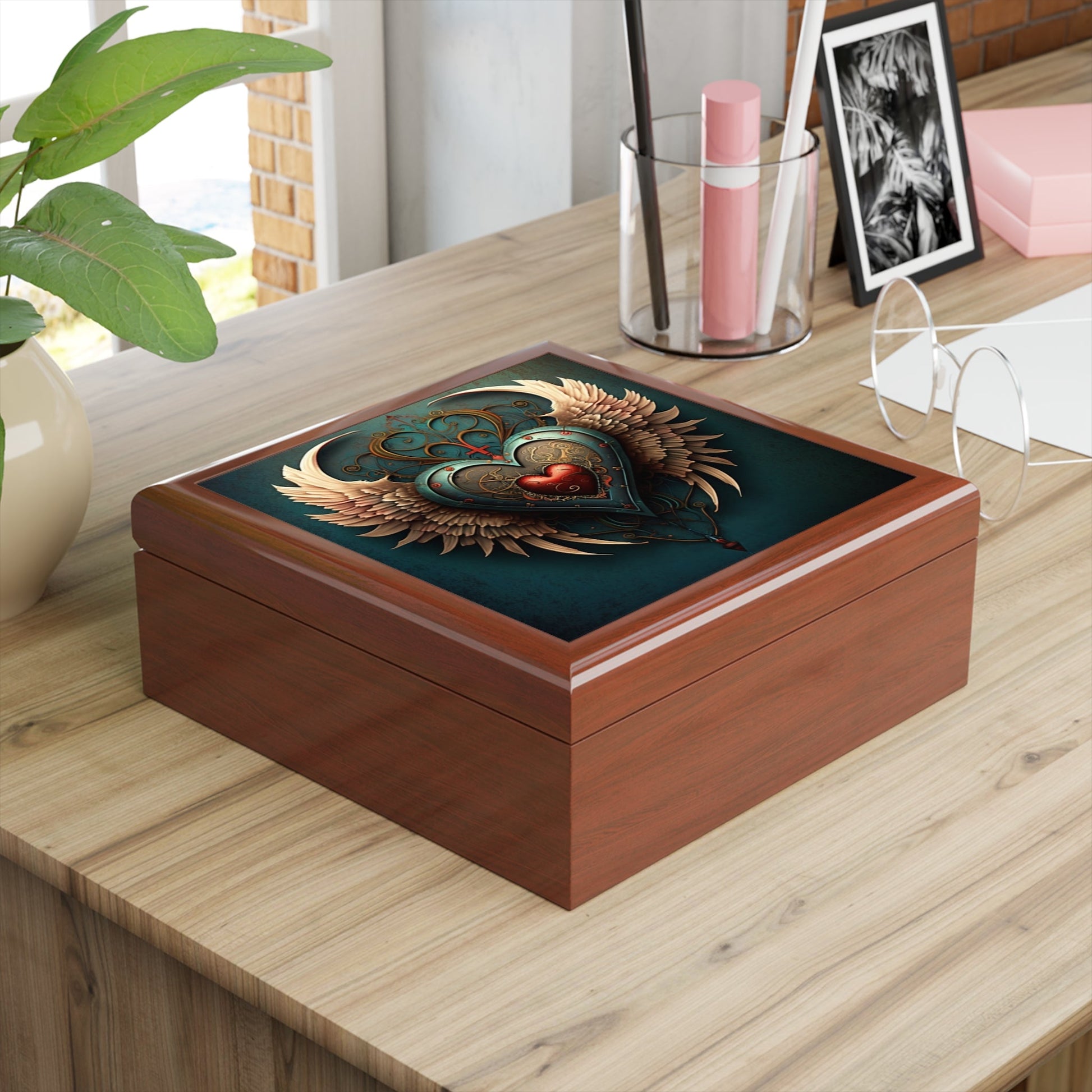 Angel Wing Heart Wood Keepsake Jewelry Box with Ceramic Tile Cover