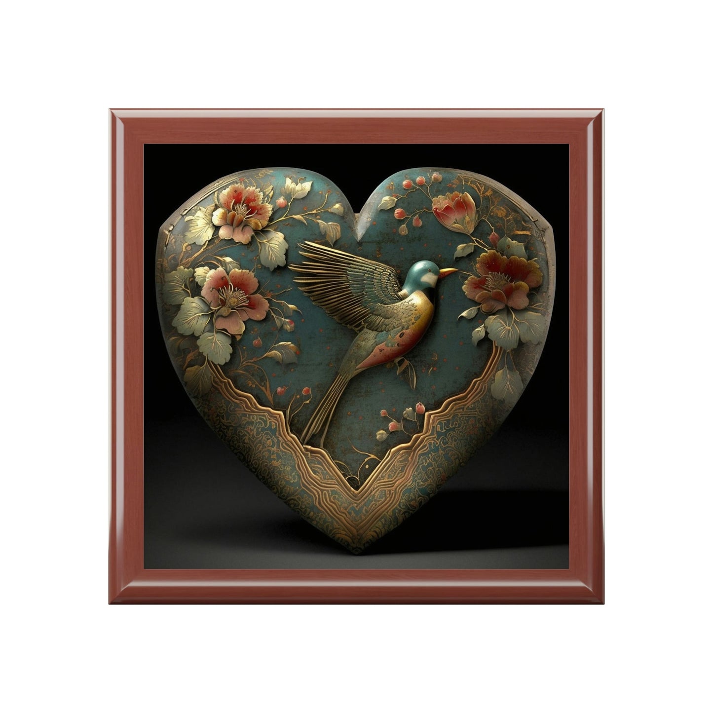 Antique Heirloom Heart Wood Keepsake Jewelry Box with Ceramic Tile Cover