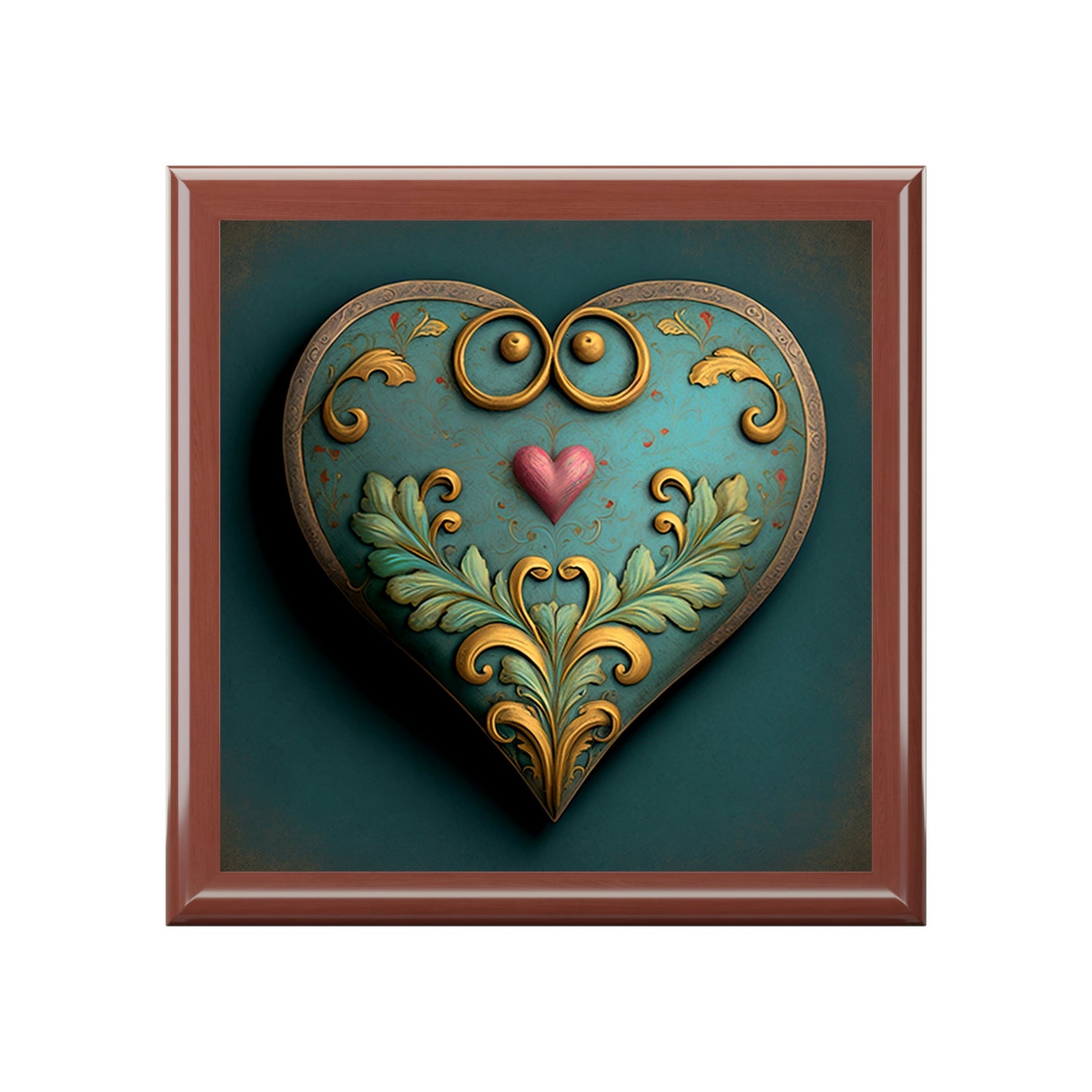 Antique Vintage Heart Wood Keepsake Jewelry Box with Ceramic Tile Cover