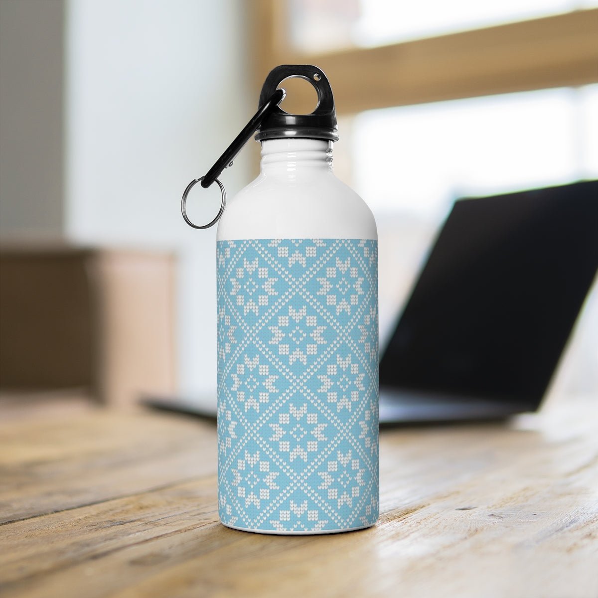 Aqua Scandinavian Quilt Design Stainless Steel Water Bottle Pretty Stylish Fashionable Blue Gift