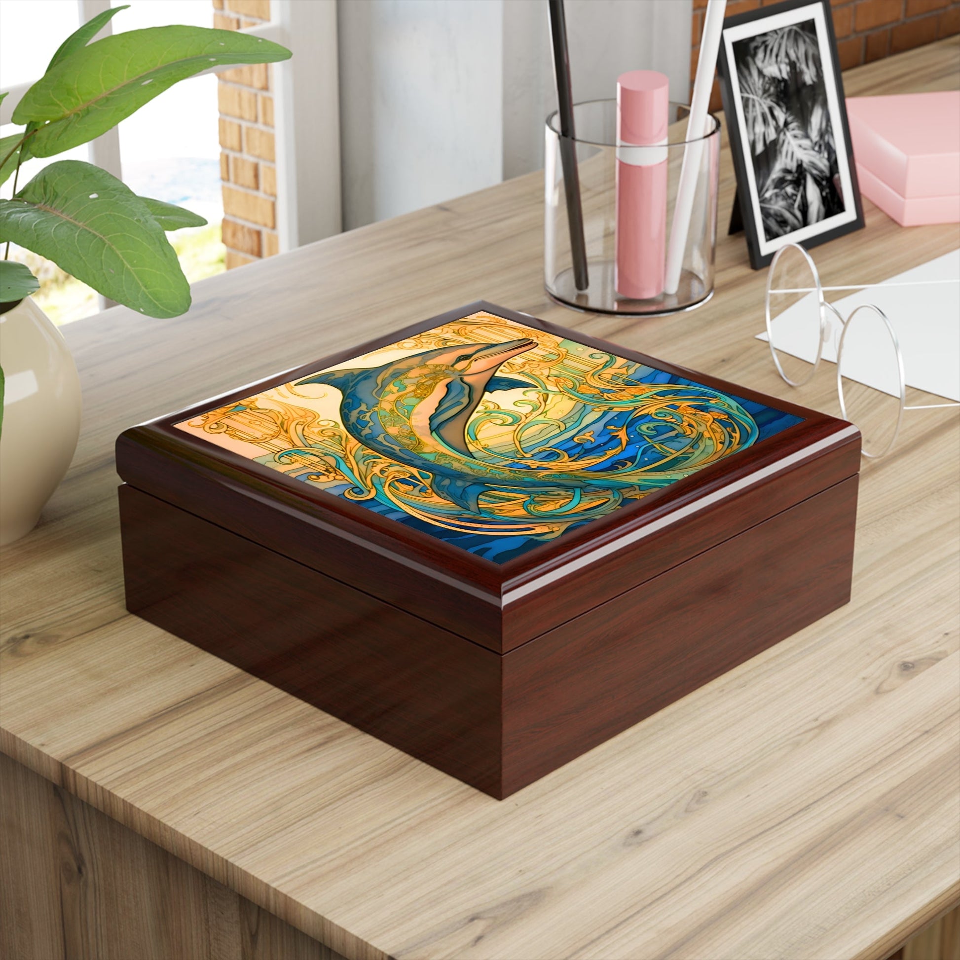 Art Nouveau Golden Dolphin Fine Art Print Jewelry Keepsake Trinkets Box