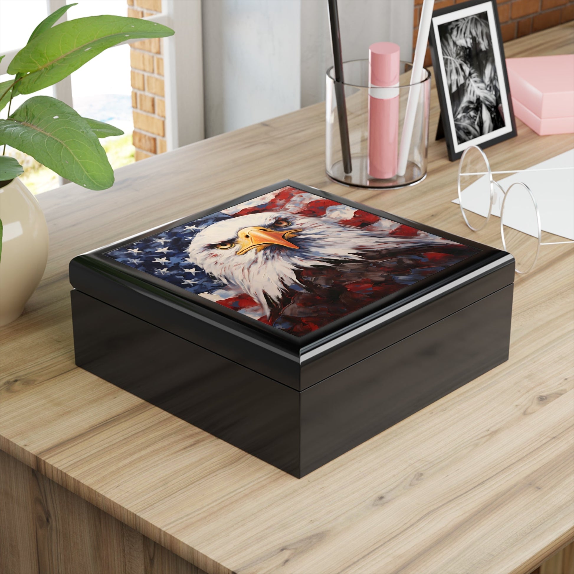 Bald Eagle and American Flag Trinket Jewelry Box