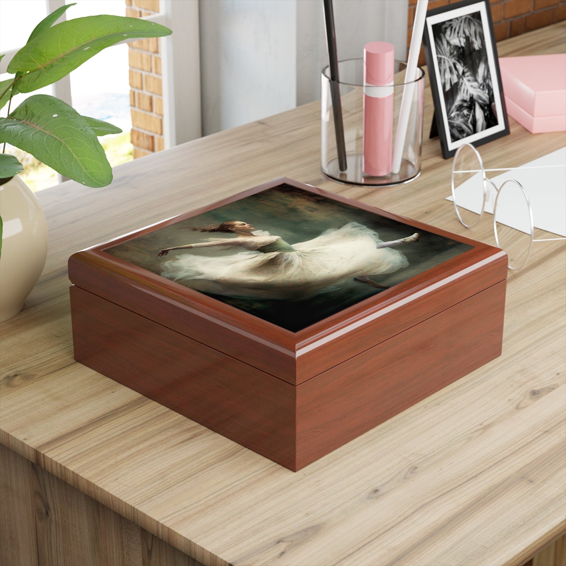 Ballerina Wood Keepsake Jewelry Box with Ceramic Tile Cover