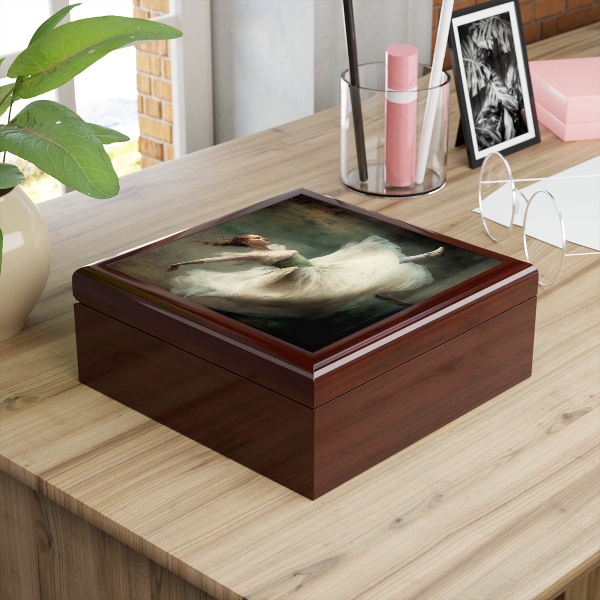 Ballerina Wood Keepsake Jewelry Box with Ceramic Tile Cover